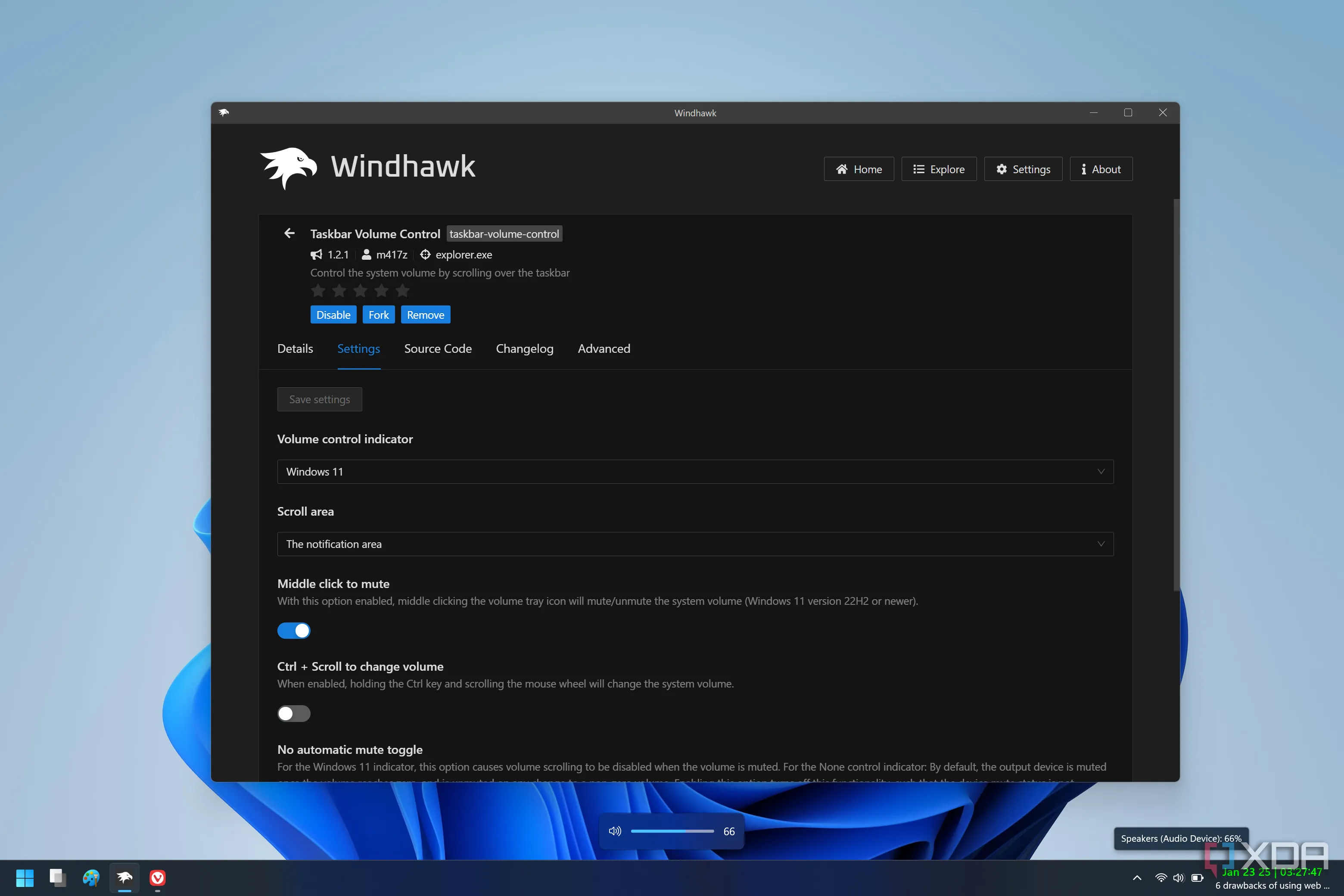 Điều chỉnh âm lượng Windows 11 bằng cách cuộn chuột trên Taskbar với Windhawk, giúp thao tác nhanh chóng hơn