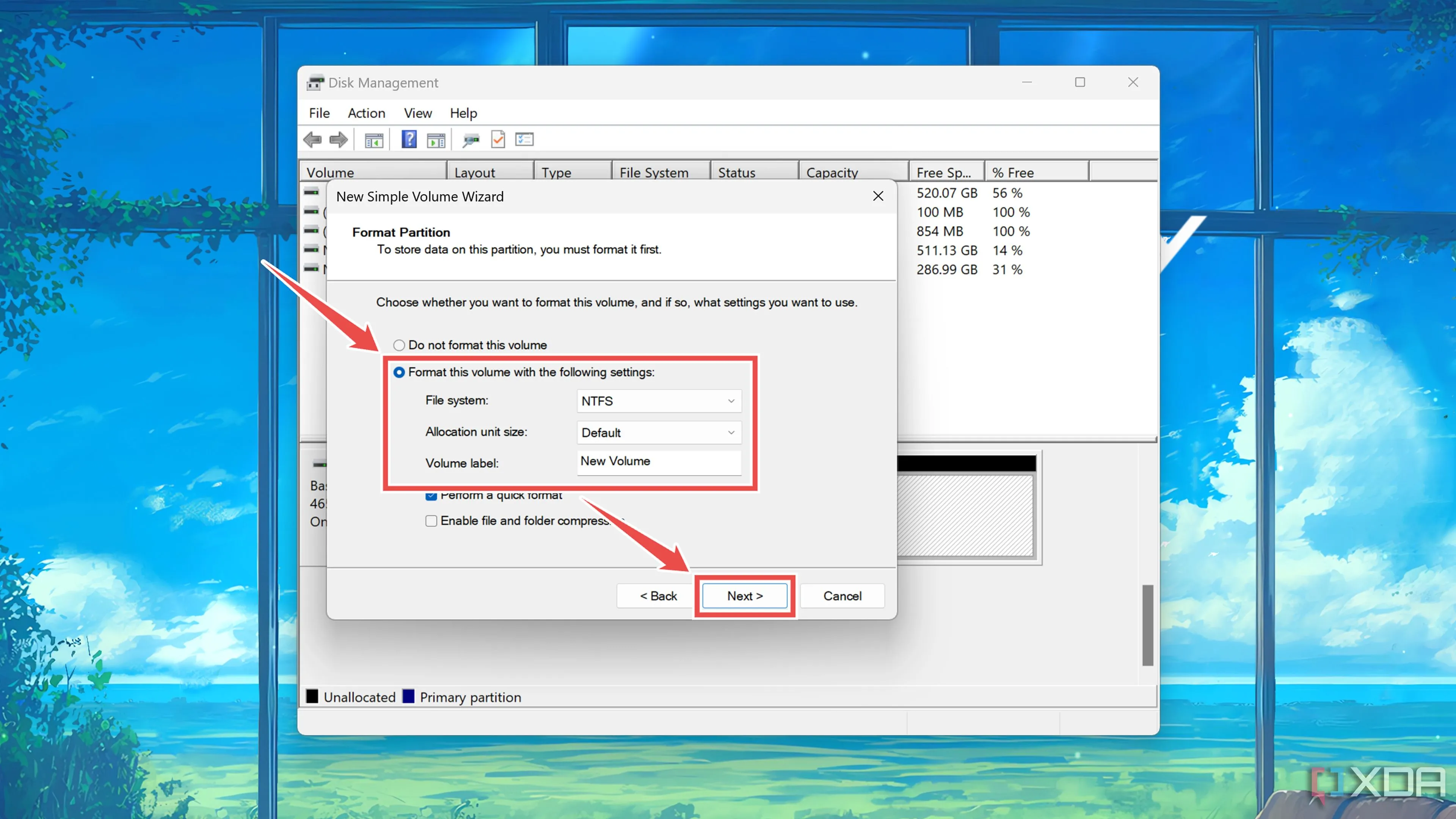 Định dạng một phân vùng trong tiện ích Disk Management với các tùy chọn phù hợp