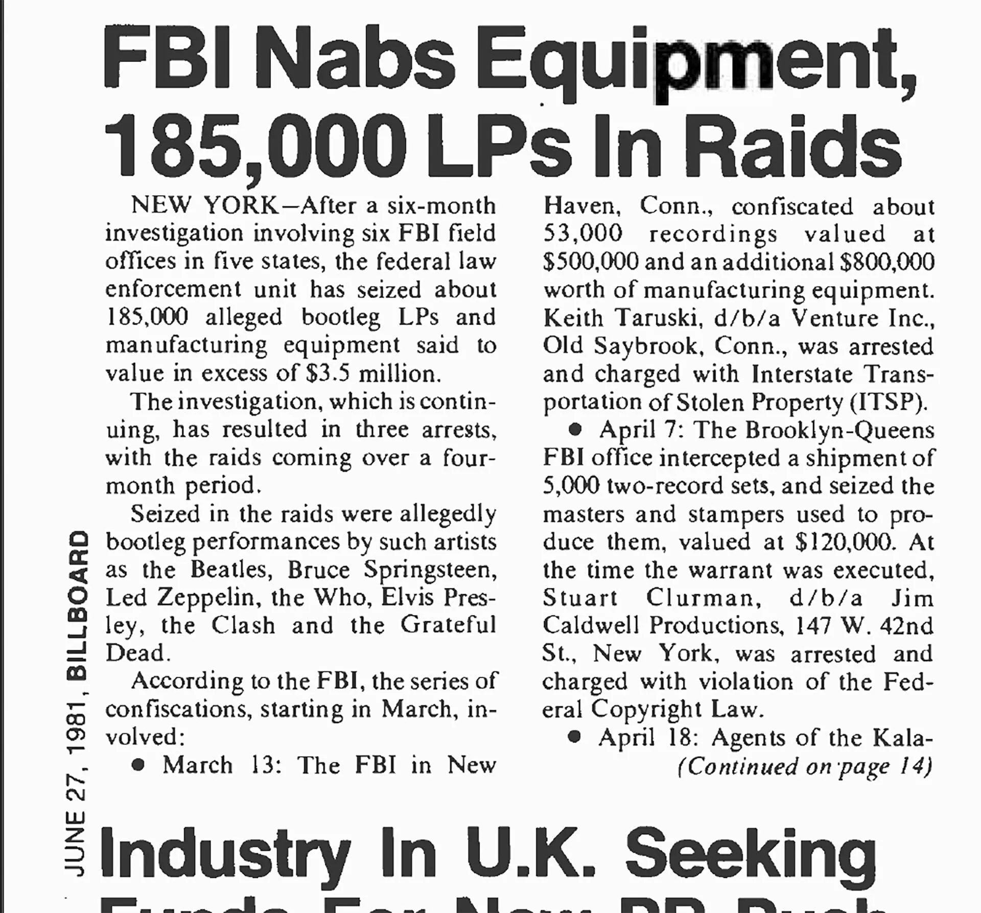 Đoạn trích từ bài báo Billboard Magazine ngày 27 tháng 6 năm 1981, ghi lại vụ đột kích của FBI liên quan đến Keith Taruski