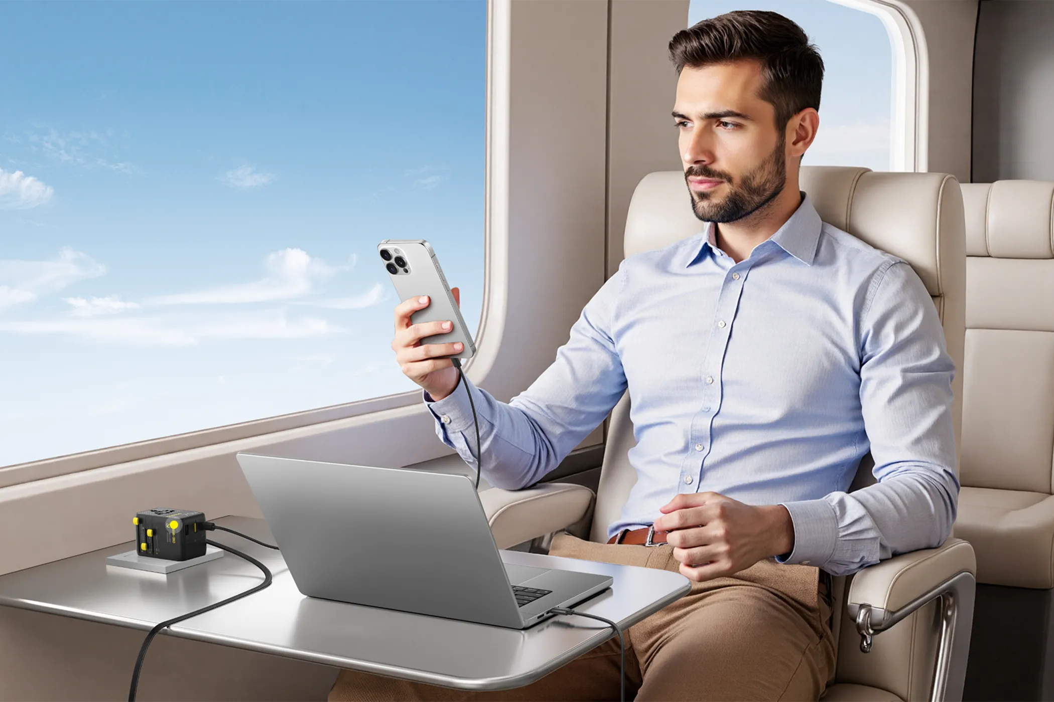 Doanh nhân sạc laptop và điện thoại bằng bộ chuyển đổi du lịch Baseus EnerCore 6-in-1 trên máy bay