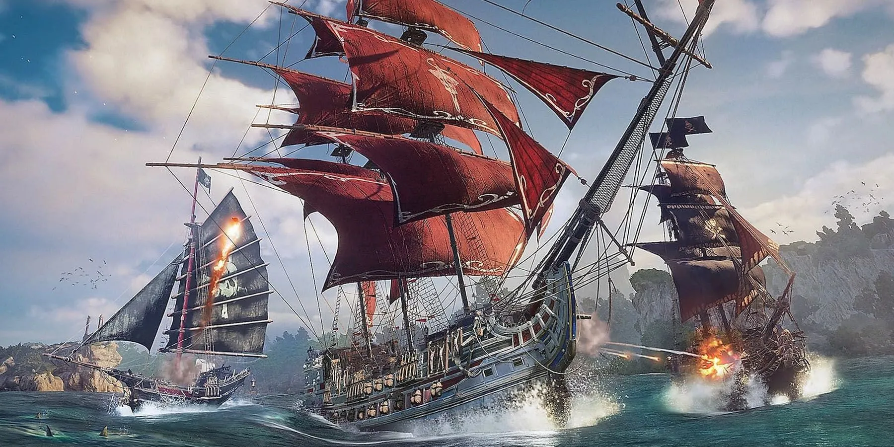 Đội hình tàu cướp biển hùng mạnh trong game Skull &amp; Bones, thể hiện đồ họa ấn tượng.
