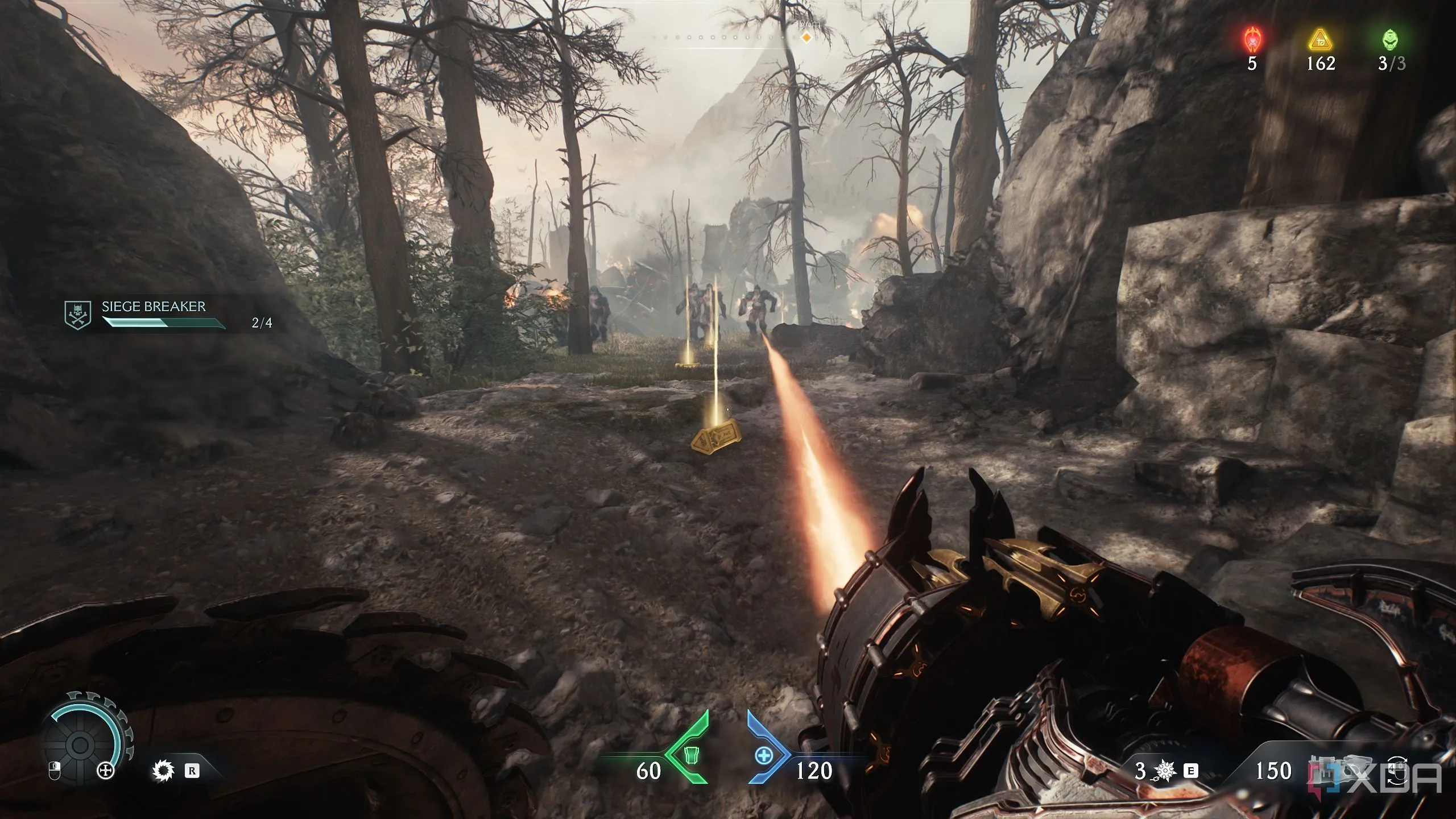 Doom Slayer chiến đấu với quỷ Soldier và các thỏi vàng trên mặt đất