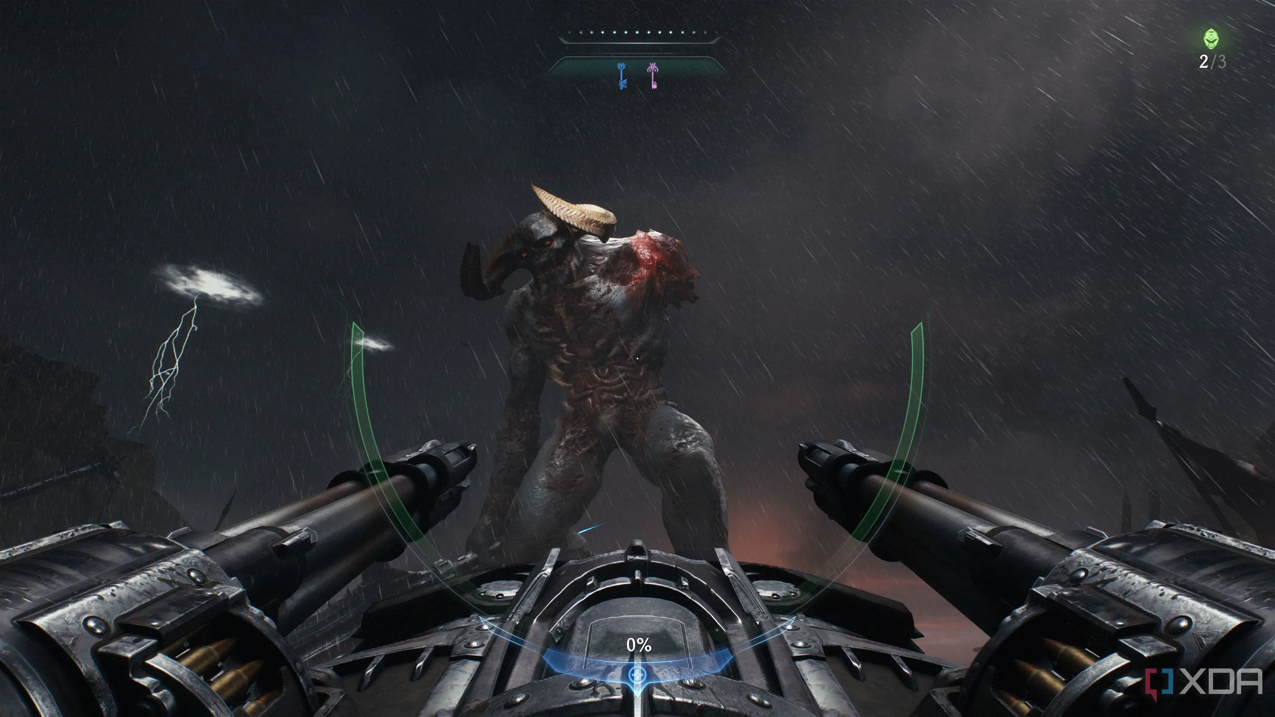 Doom Slayer đang bắn một khẩu pháo vào một titan quỷ khổng lồ trong Doom: The Dark Ages.