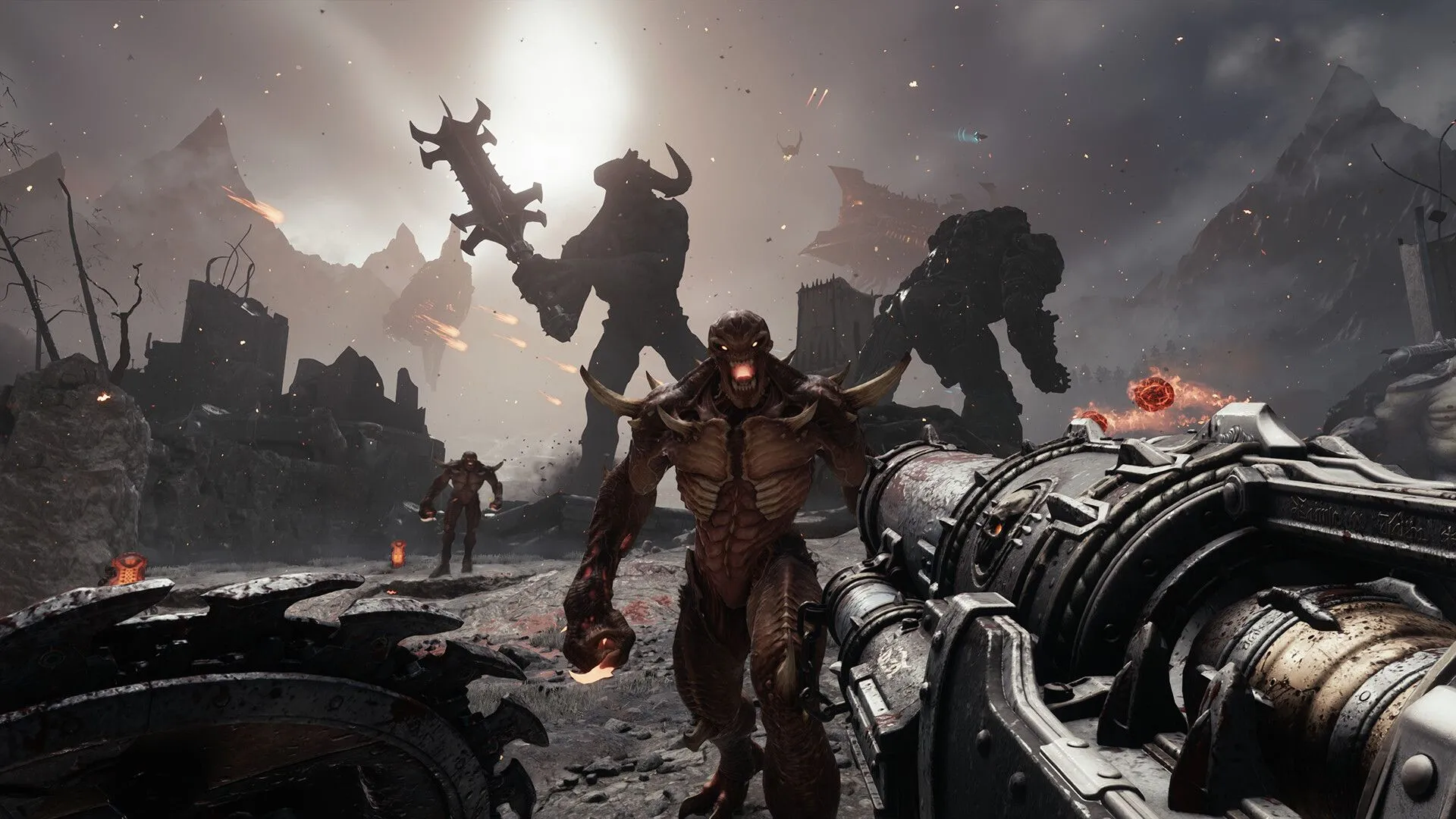 Doom Slayer sử dụng khiên cưa mới để tấn công kẻ thù trong một cảnh chiến đấu khốc liệt, nhấn mạnh lối chơi cận chiến mới