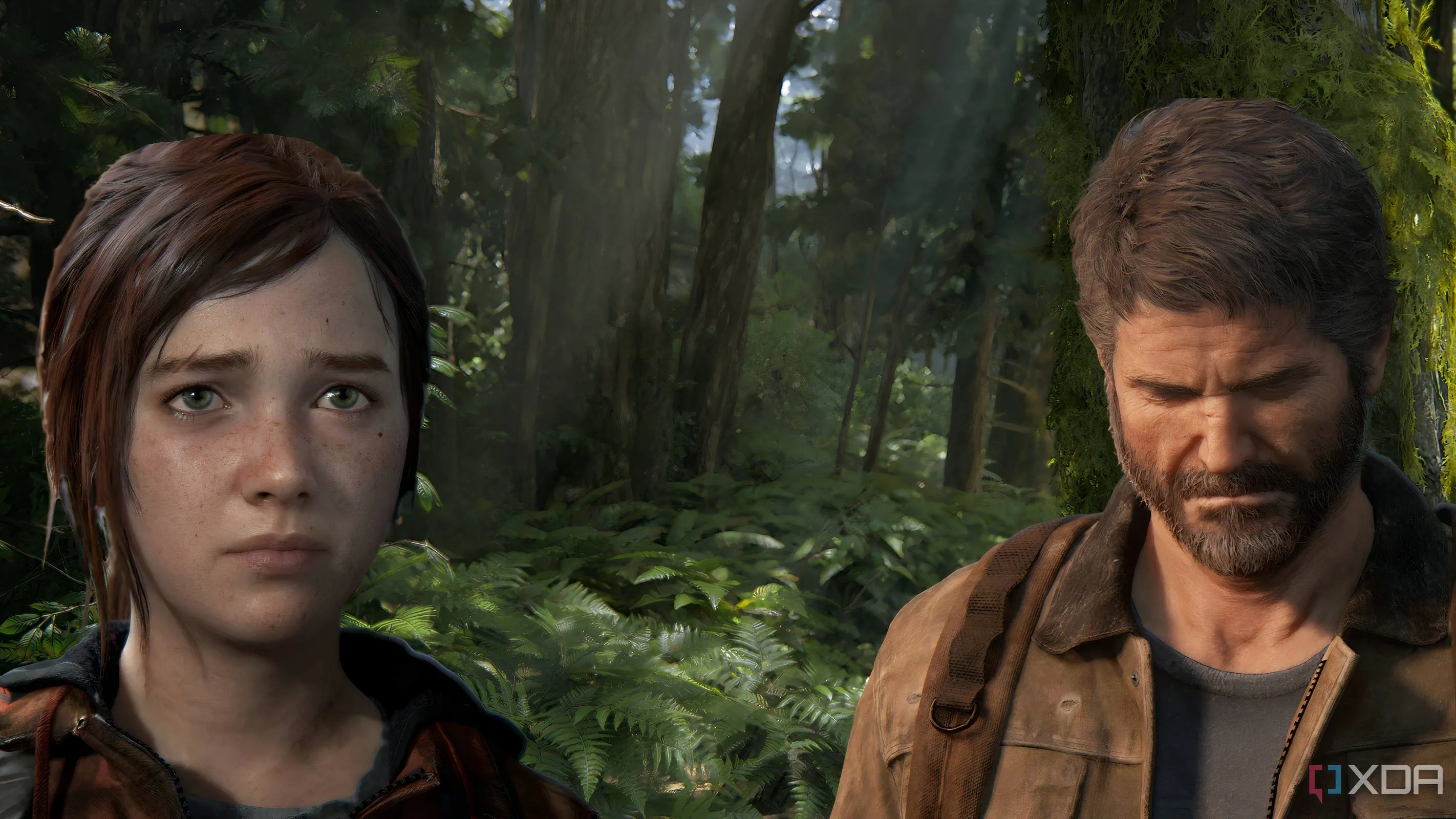 Ellie và Joel trong bối cảnh rừng xanh, biểu tượng của mối quan hệ cha con đầy phức tạp trong The Last of Us