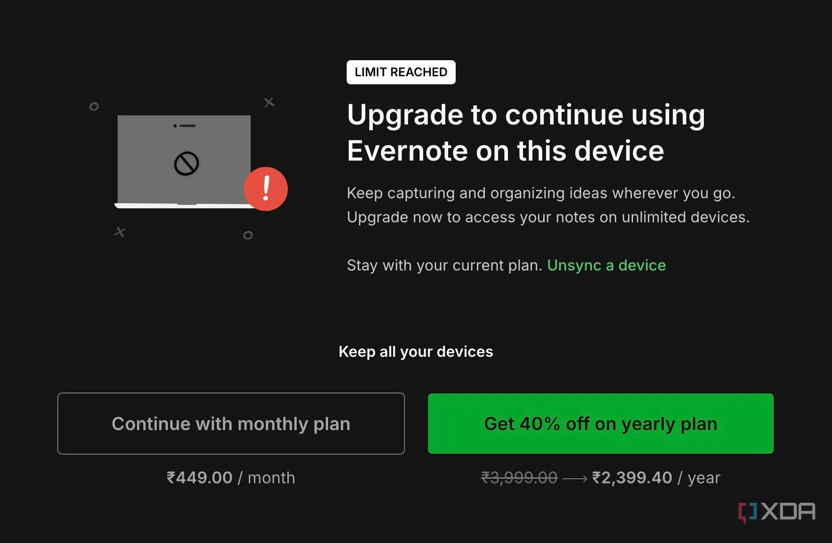 Evernote yêu cầu người dùng nâng cấp lên bản trả phí để dùng đa thiết bị