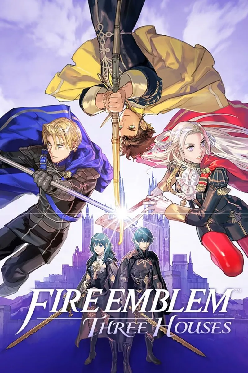 Fire Emblem Three Houses, các nhân vật chính với biểu tượng của các nhà.