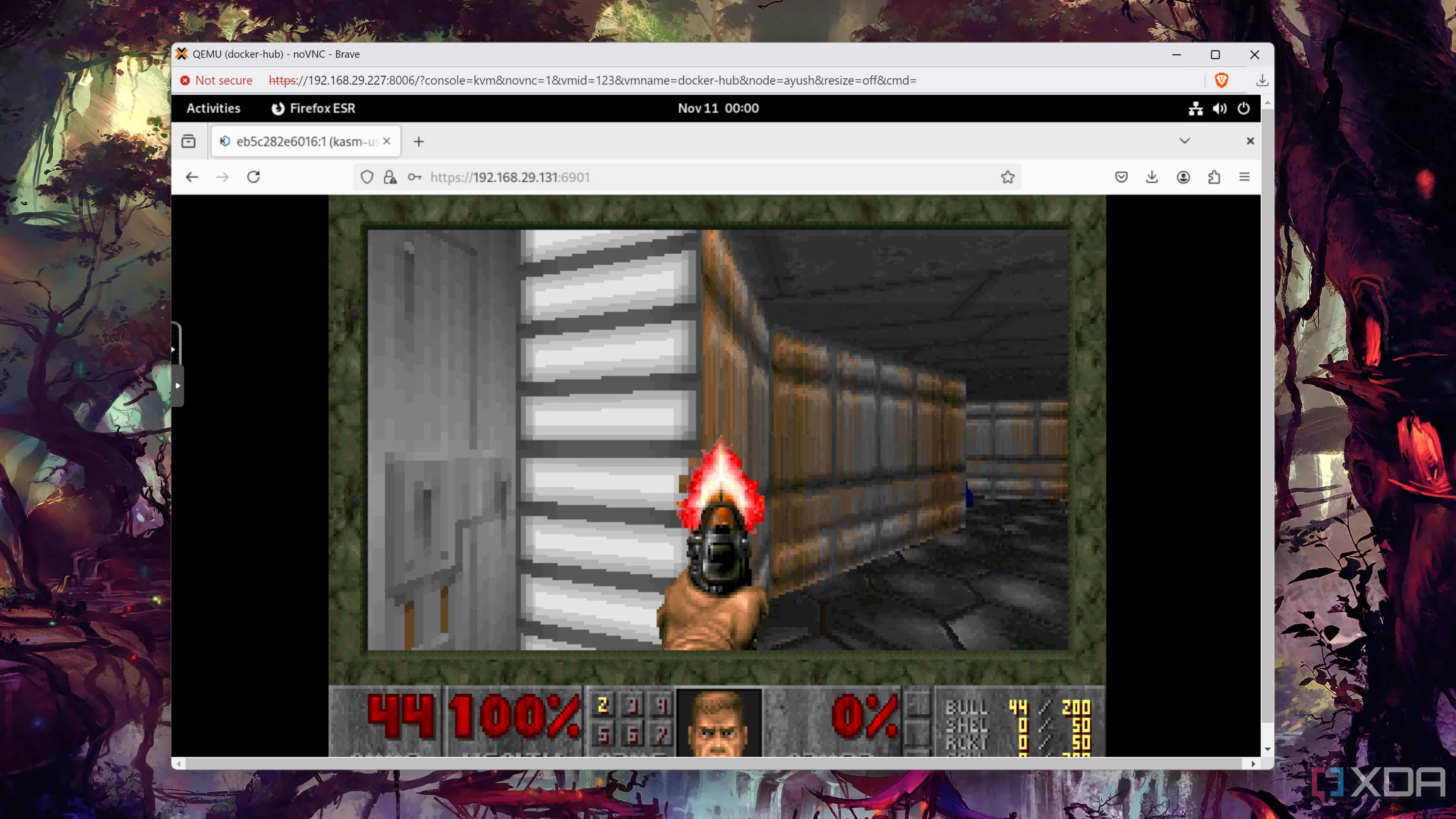 Game DOOM kinh điển được chạy trong container Docker, thể hiện khả năng tương thích trên nhiều nền tảng