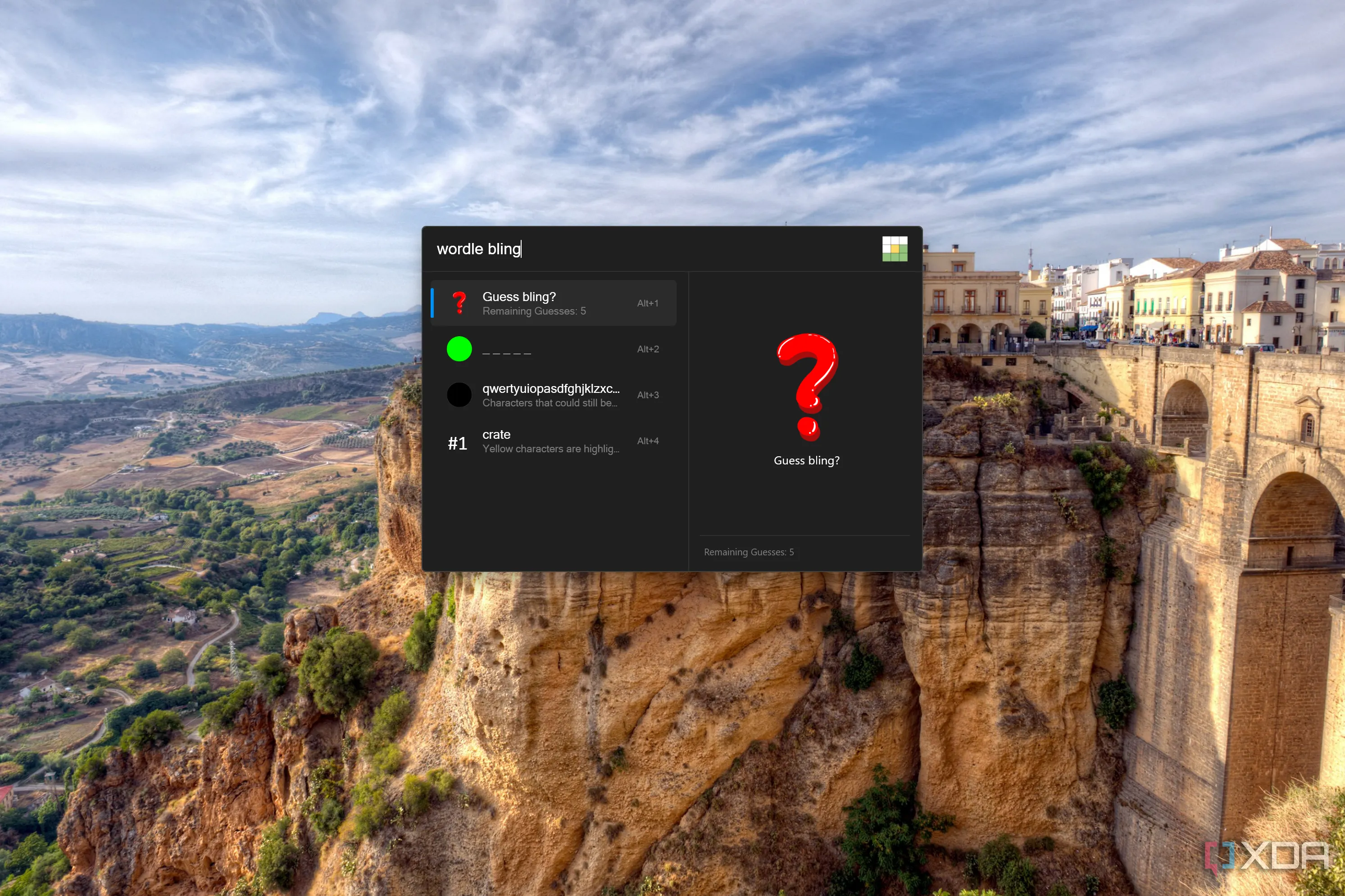 Game Wordle được chơi trực tiếp trong giao diện Flow Launcher trên Windows 11