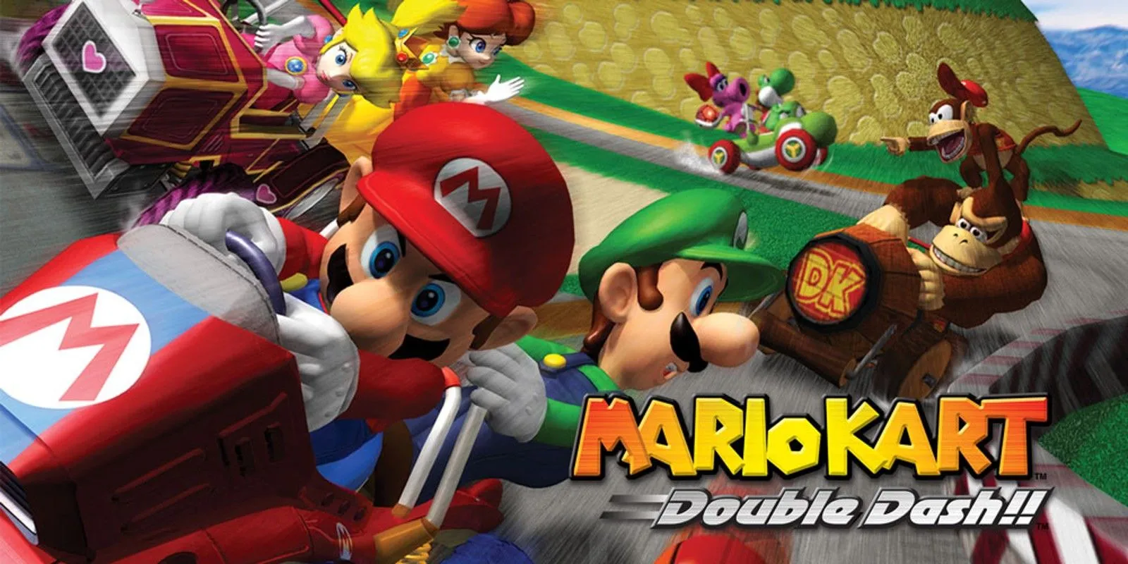 Gameplay Mario Kart Double Dash với hai nhân vật Mario và Luigi trên xe đua
