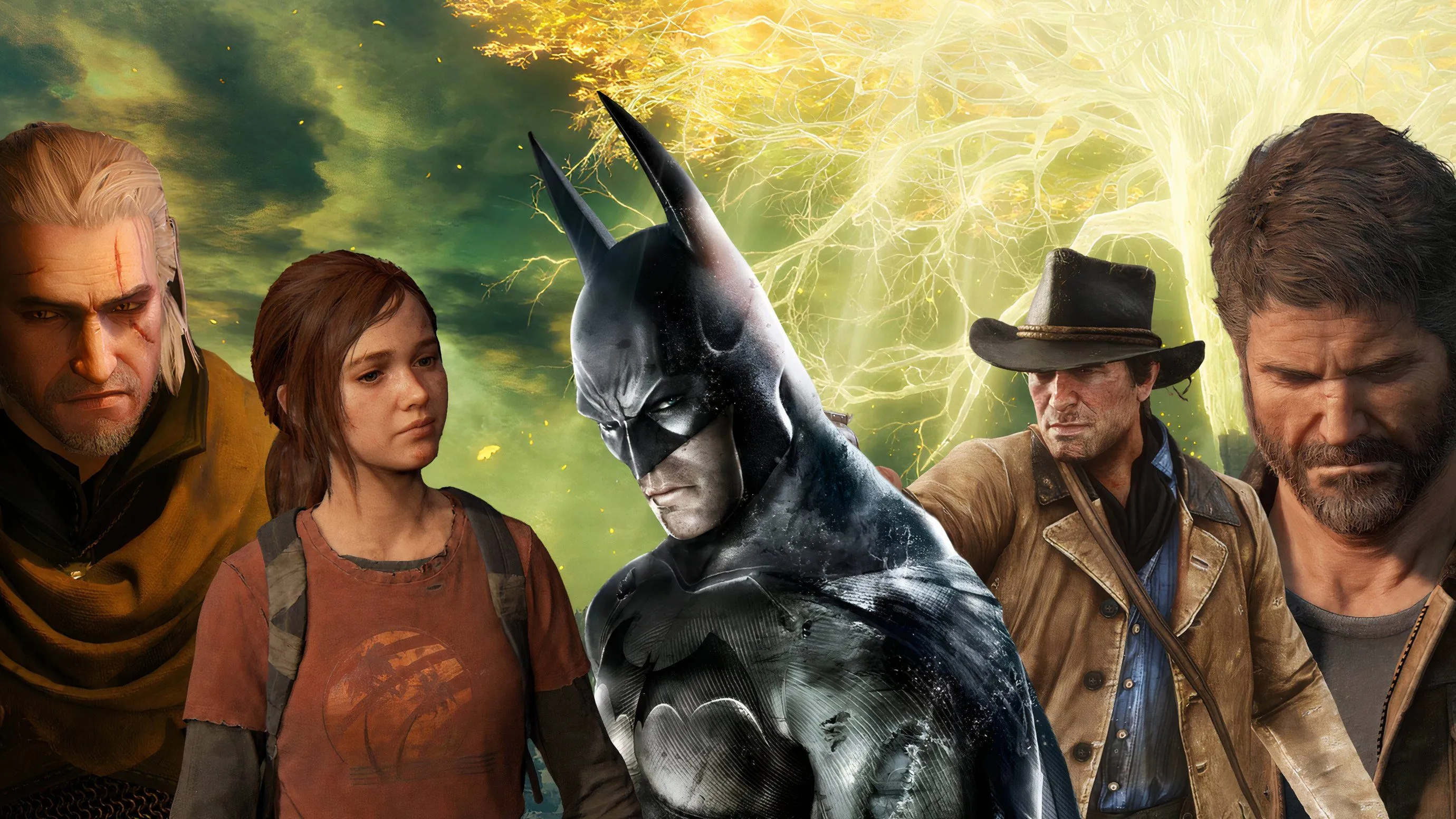 Geralt, Ellie, Batman, Arthur Morgan và Joel Miller, đại diện cho những trải nghiệm game single-player sâu sắc, tương tự cảm giác nhập vai trong chế độ Grounded của The Last of Us.