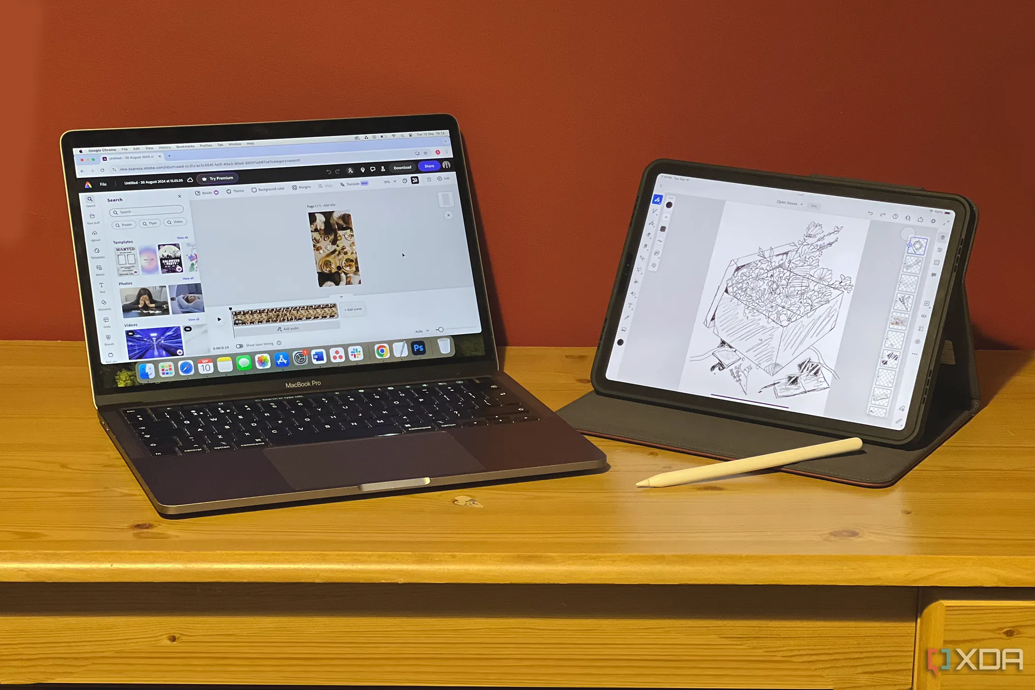 Giao diện Adobe Express đang hoạt động trên MacBook, bên cạnh một iPad hiển thị ứng dụng Adobe Fresco, thể hiện sự tích hợp của Adobe trên nhiều thiết bị và nền tảng.