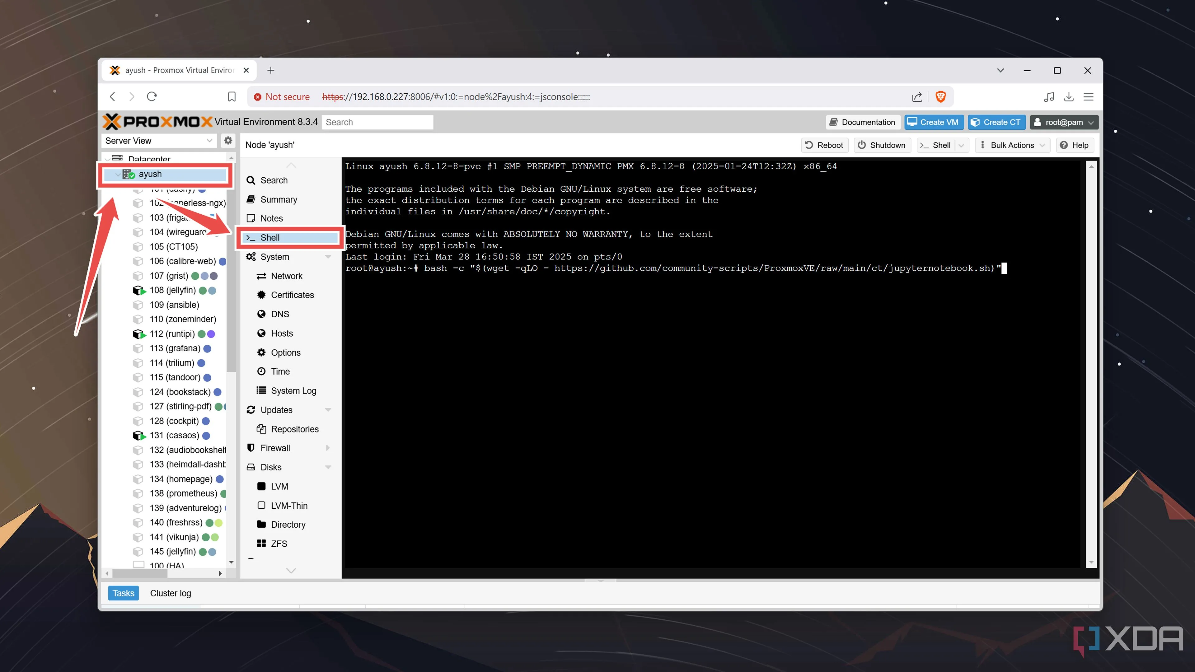 Giao diện bảng điều khiển Proxmox VE hiển thị tab Shell của một node, chuẩn bị cho việc triển khai Jupyter Notebook.