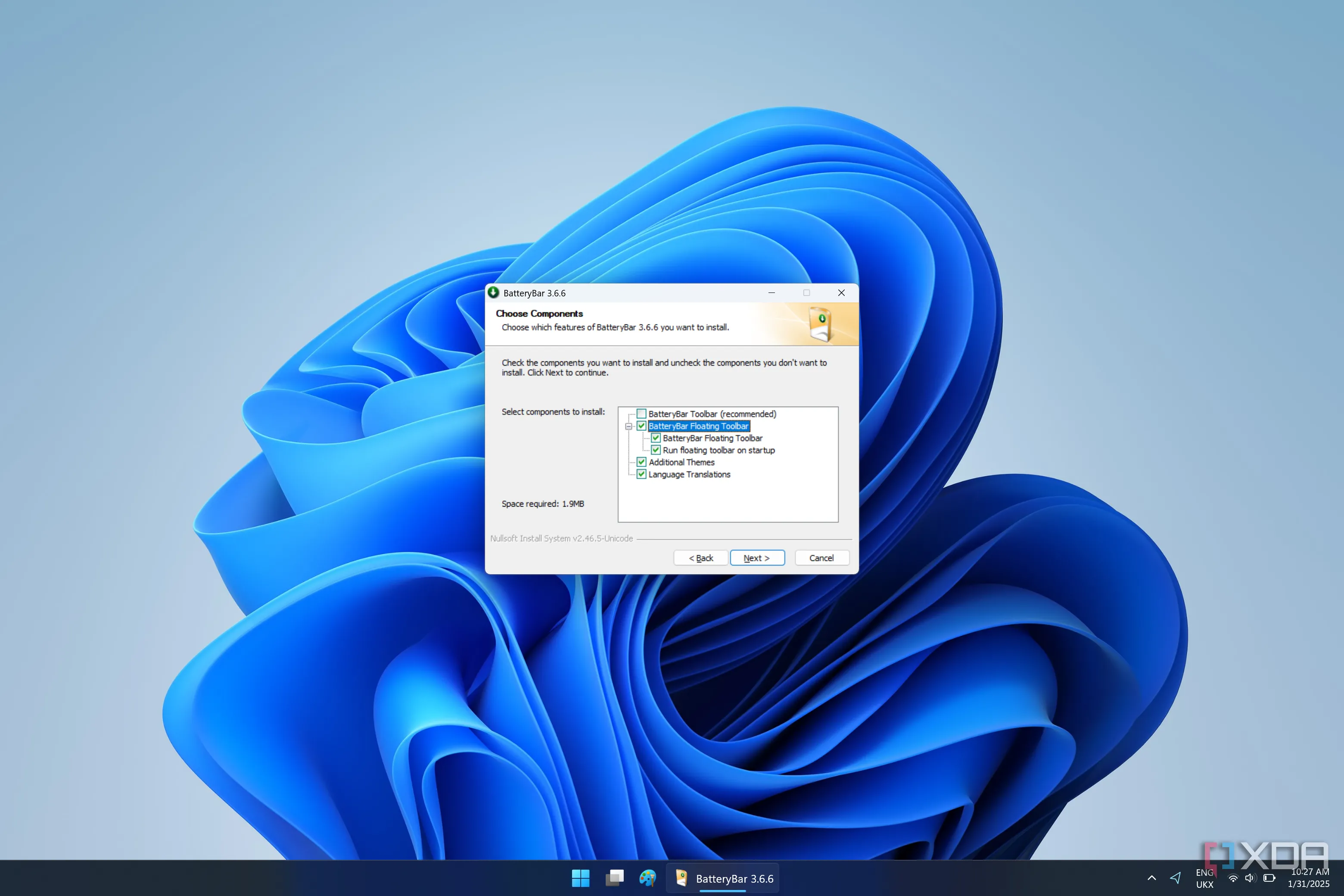 Giao diện cài đặt BatteryBar trên Windows 11 với tùy chọn Floating Toolbar được chọn