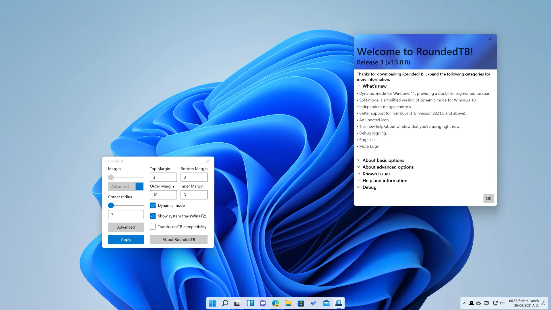 Giao diện cài đặt của RoundedTB, hiển thị tùy chọn bo tròn và căn lề thanh Taskbar Windows 11