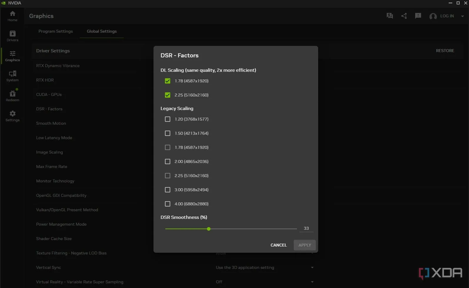 Giao diện cài đặt DLDSR trong ứng dụng Nvidia App, nơi kích hoạt các hệ số tỉ lệ DSR và DLDSR để tối ưu hình ảnh game