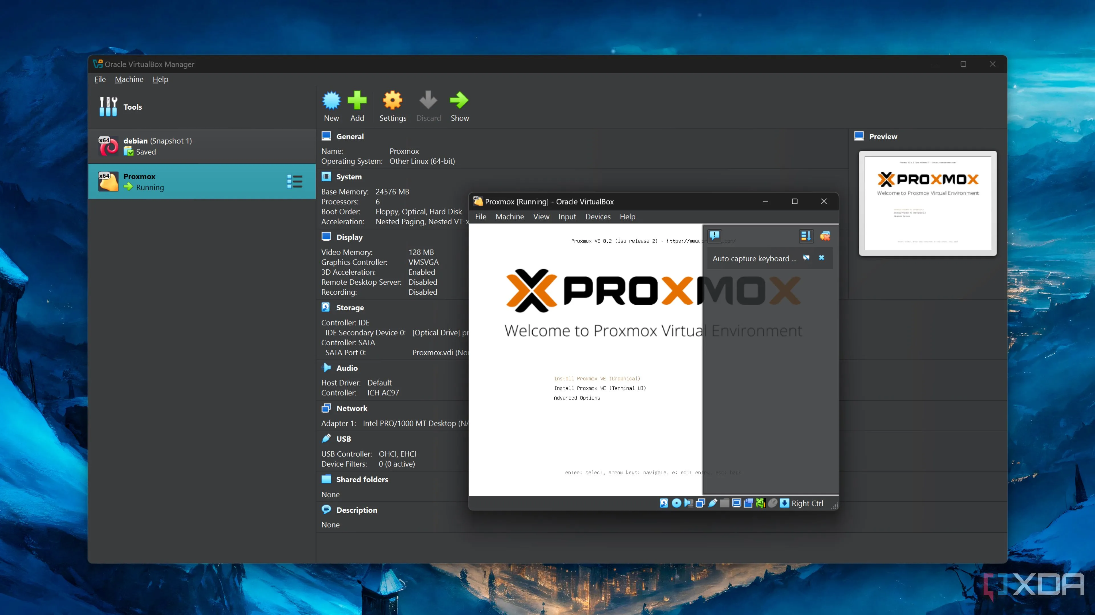 Giao diện cài đặt Proxmox VE trên máy ảo VirtualBox, minh họa khả năng tạo máy ảo đa dạng