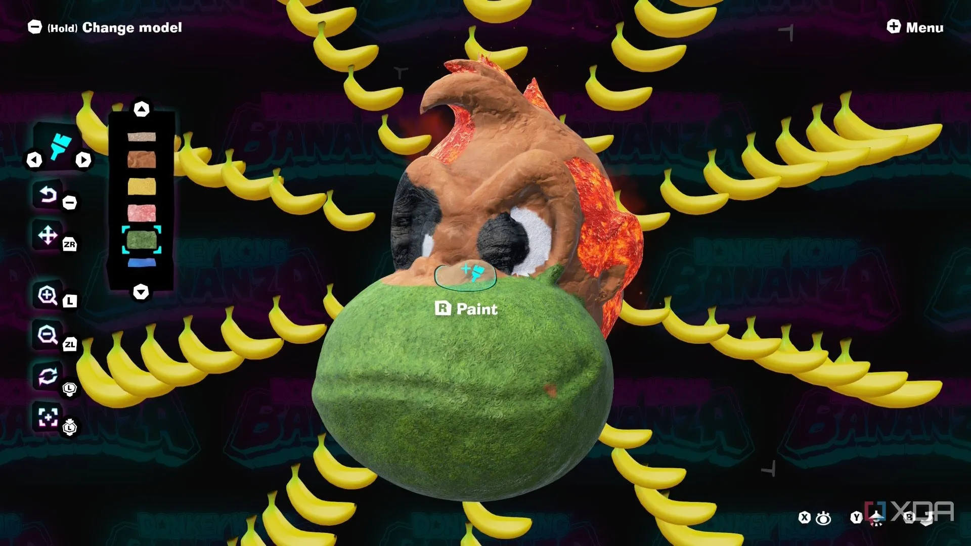 Giao diện Chế độ Sáng tạo (Artist Mode) trong Donkey Kong Bananza, cho phép người chơi thỏa sức tạo hình và tô màu các công trình