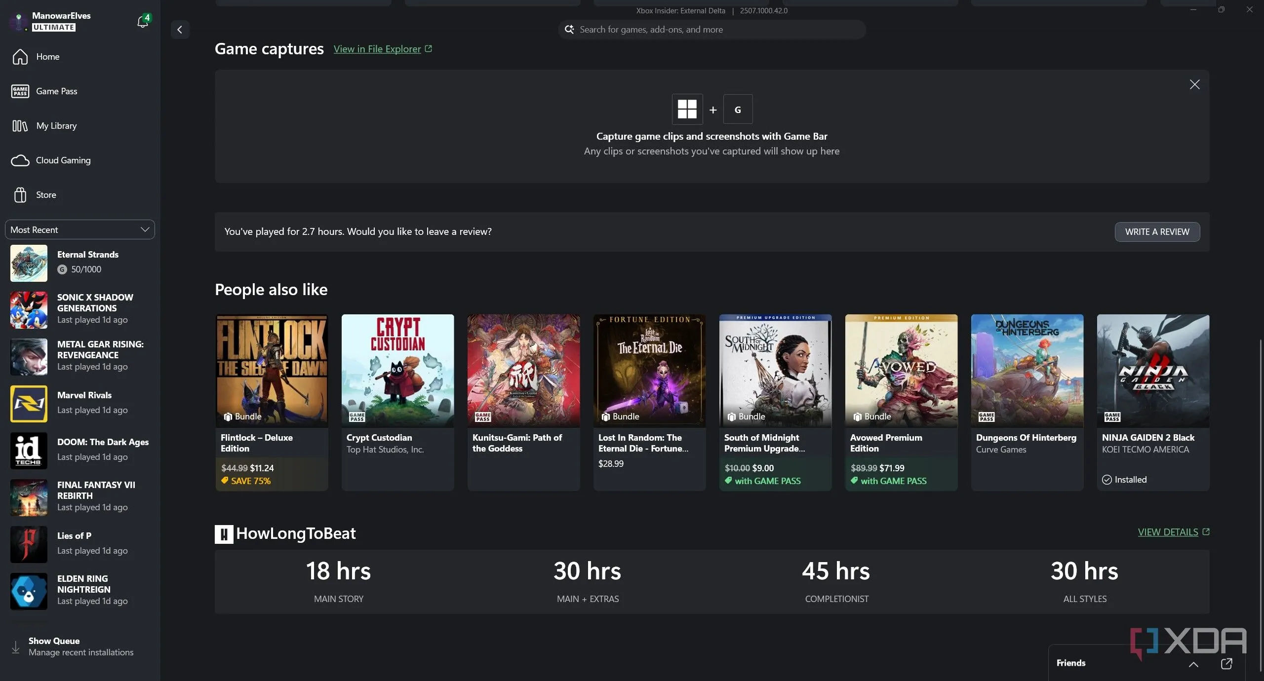 Giao diện chi tiết game trong ứng dụng Xbox PC, với thông tin HowLongToBeat cho game Xbox, minh họa sự thiếu vắng dữ liệu tương tự cho game từ nền tảng khác.