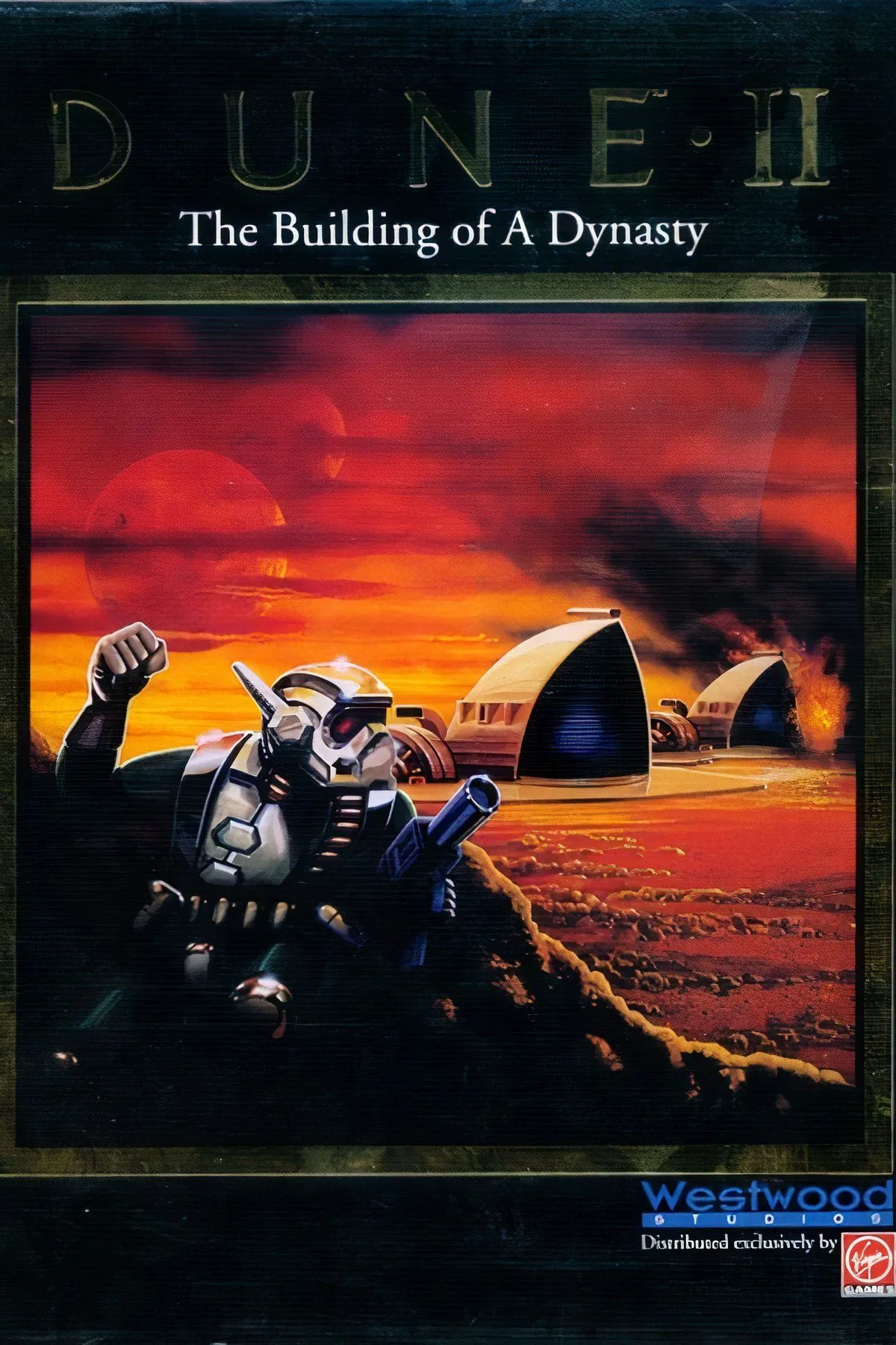 Giao diện chiến trường và xây dựng căn cứ trong game chiến thuật thời gian thực Dune II: The Building of a Dynasty trên DOS.