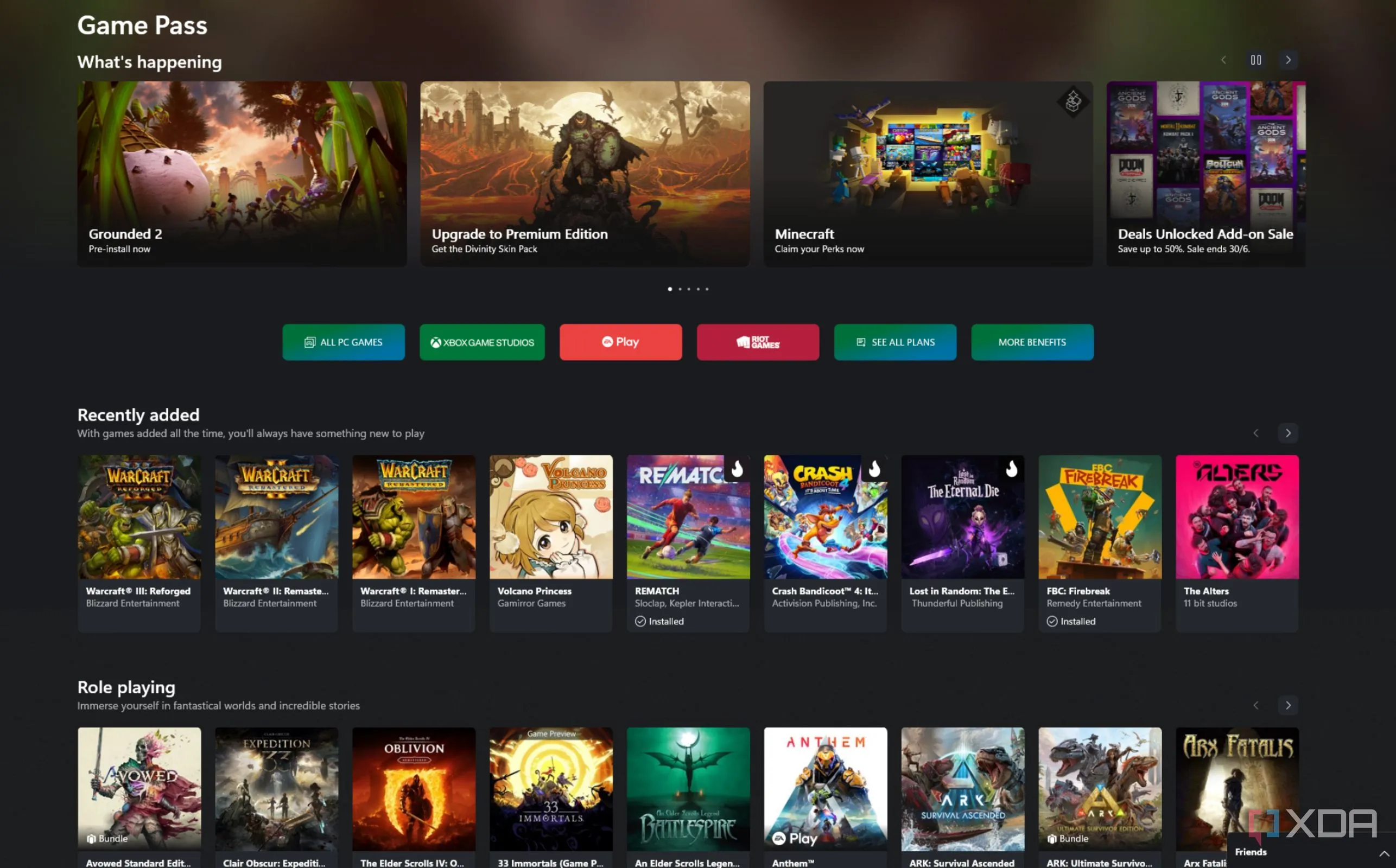 Giao diện chính của PC Game Pass trong ứng dụng Xbox, cho thấy các trò chơi có sẵn trong dịch vụ.