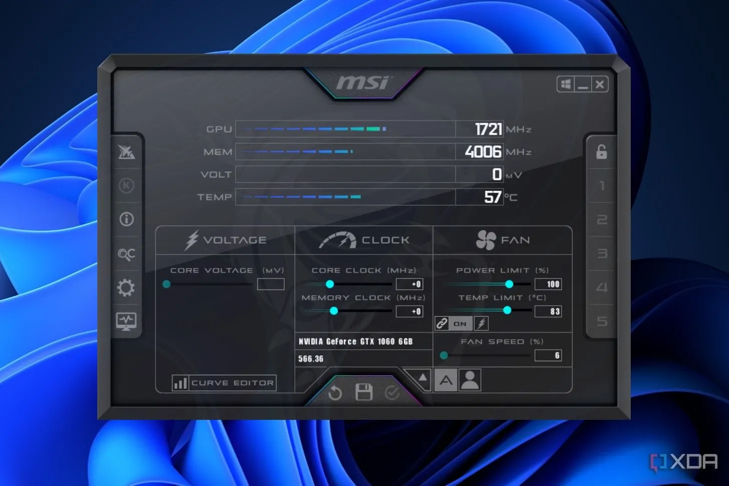 Giao diện chính của phần mềm MSI Afterburner hiển thị các tùy chỉnh ép xung