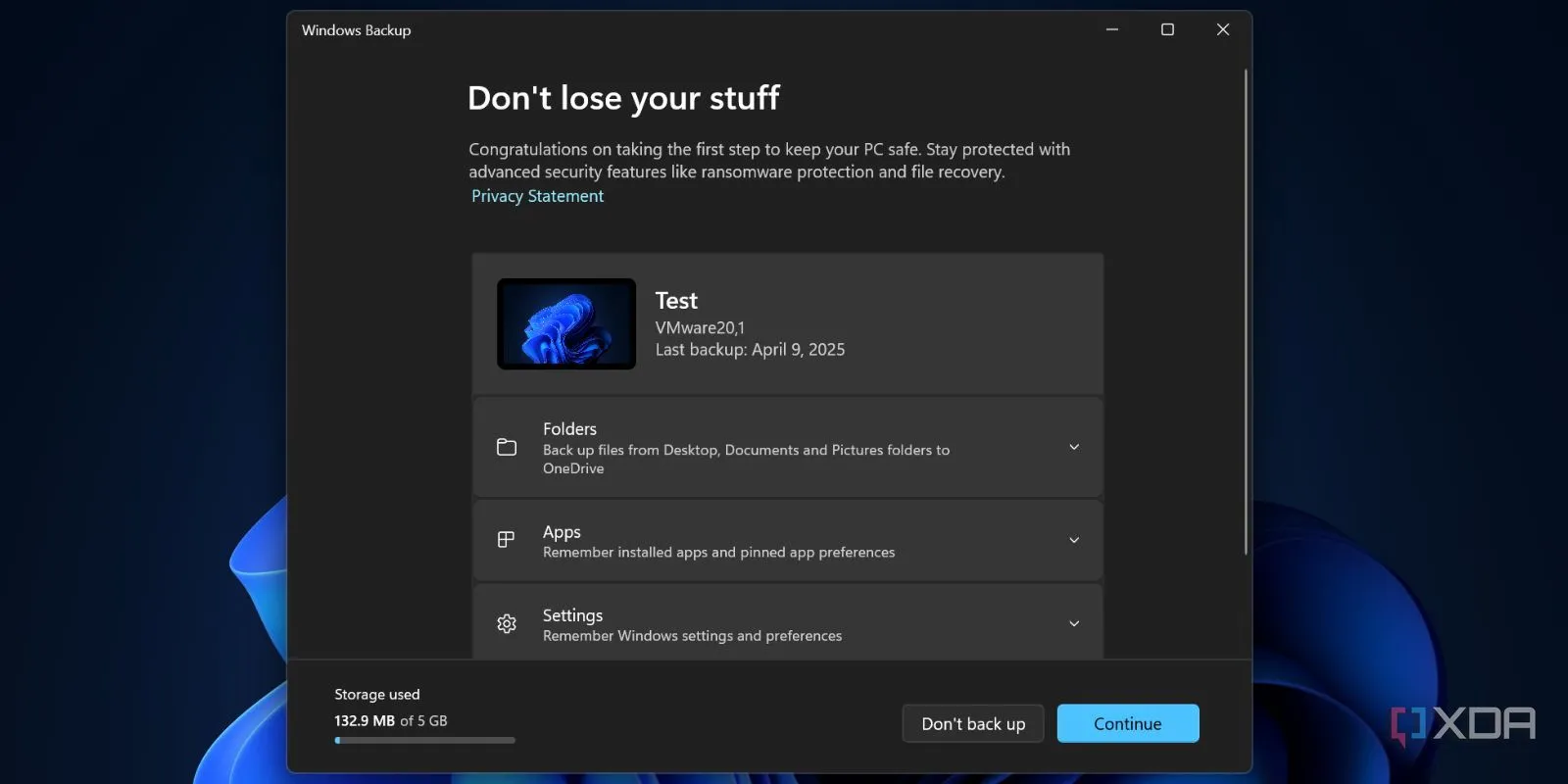 Giao diện chính của ứng dụng Windows Backup trên Windows 11