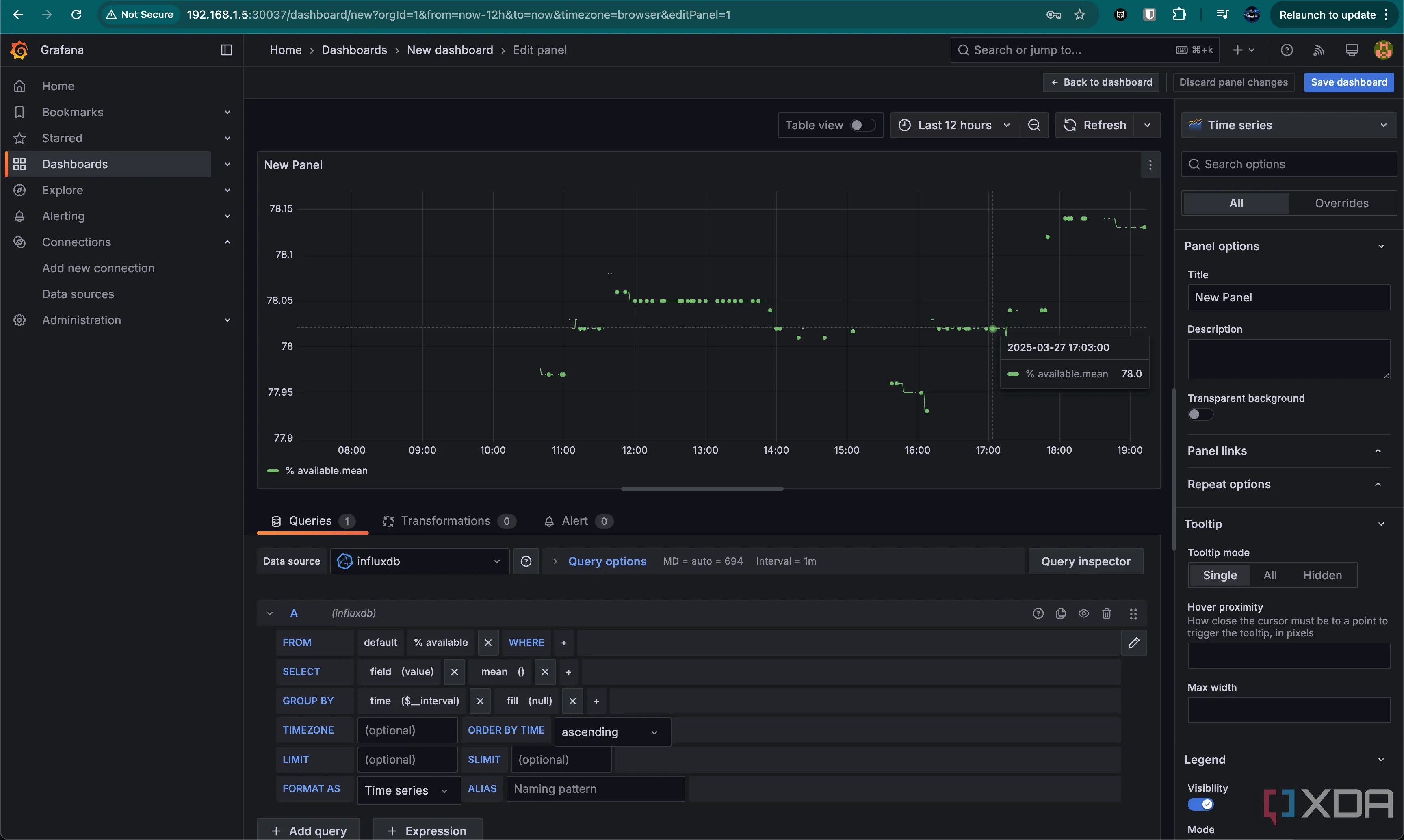 Giao diện chỉnh sửa biểu đồ trong Grafana, hiển thị các tùy chọn cấu hình
