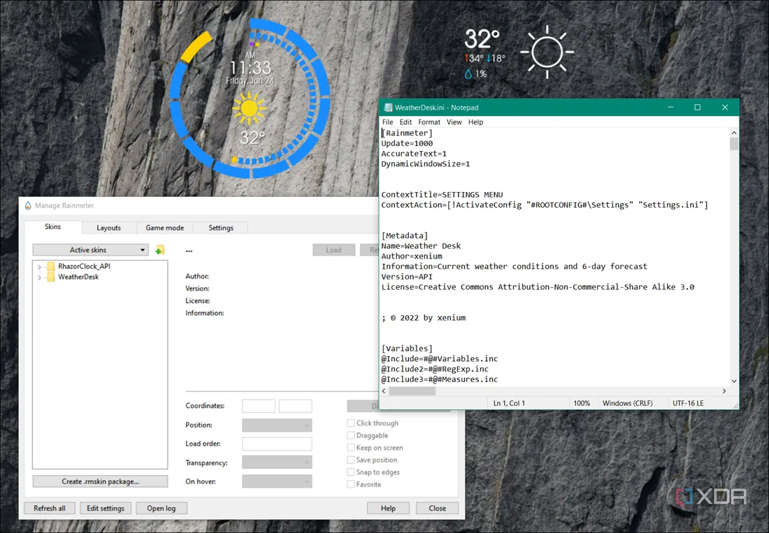 Giao diện chỉnh sửa cài đặt skin Rainmeter trên Windows 11, minh họa khả năng tinh chỉnh mã nguồn.