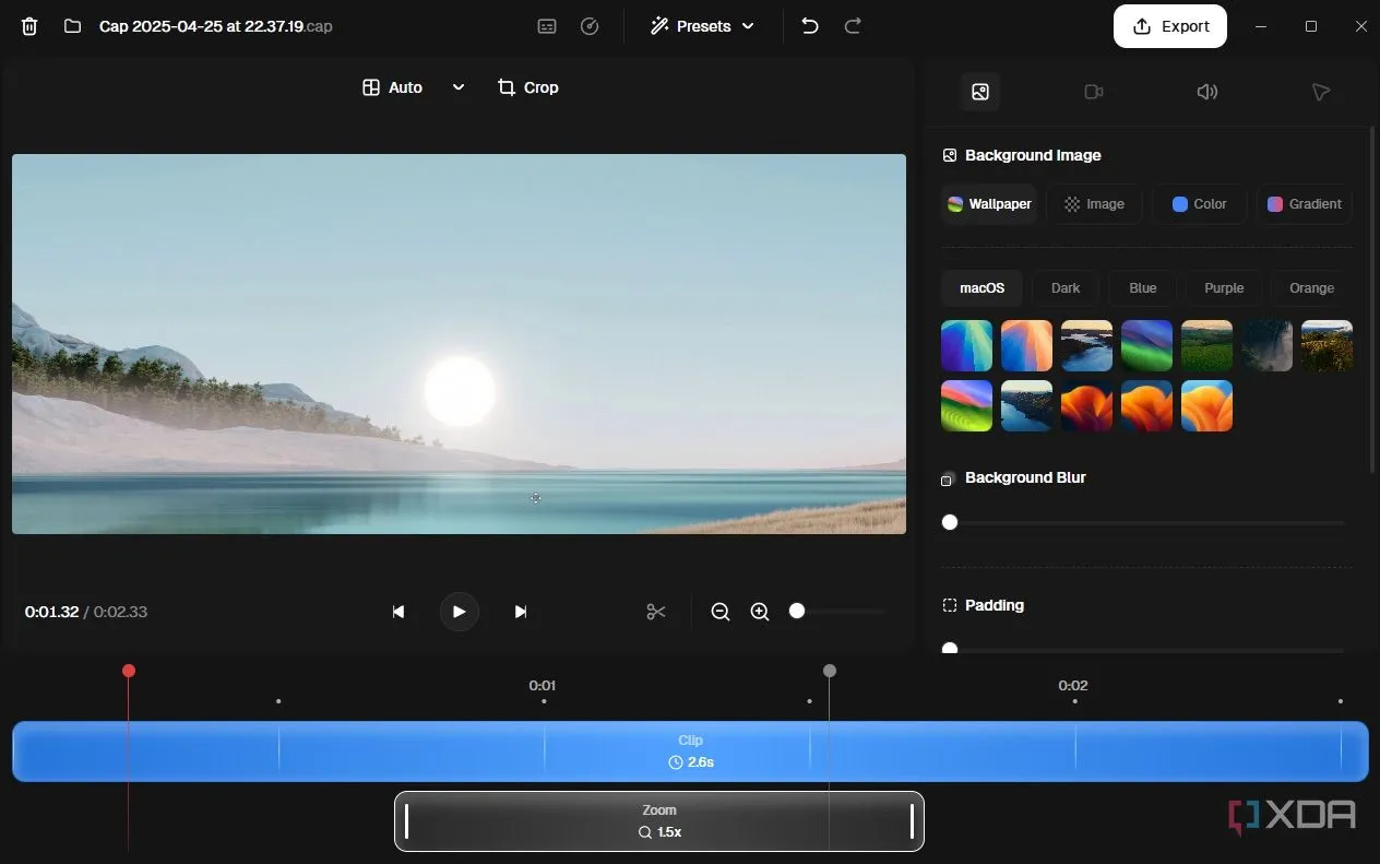 Giao diện chỉnh sửa video Cap tích hợp, hiển thị tùy chọn thêm nền, hiệu ứng đổ bóng và tính năng zoom vào con trỏ.
