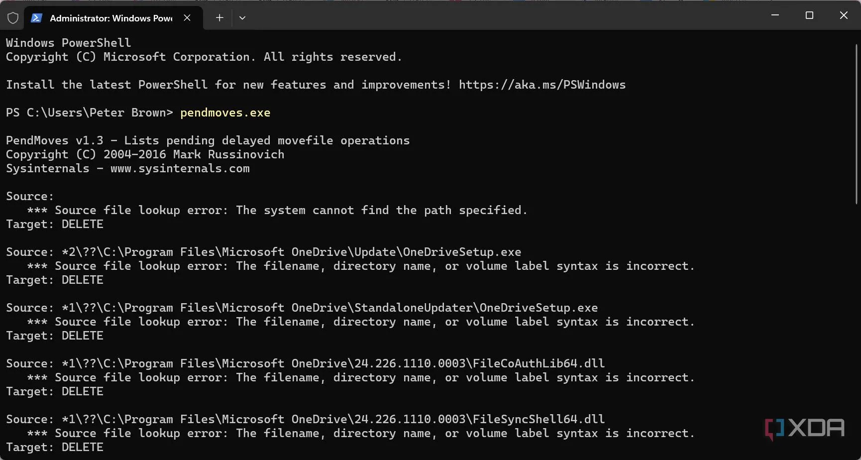 Giao diện Command Prompt với lệnh pendmoves.exe, cho thấy khả năng quản lý các thao tác file đang chờ xử lý của Sysinternals PendMoves