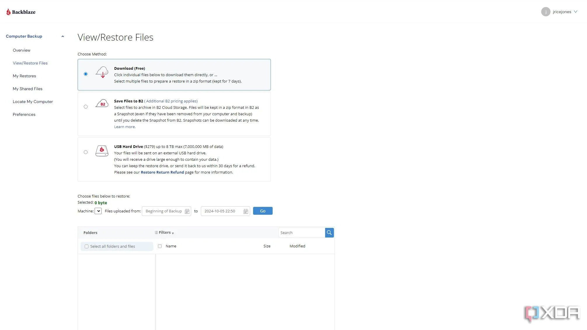 Giao diện dashboard của Backblaze hiển thị trạng thái sao lưu
