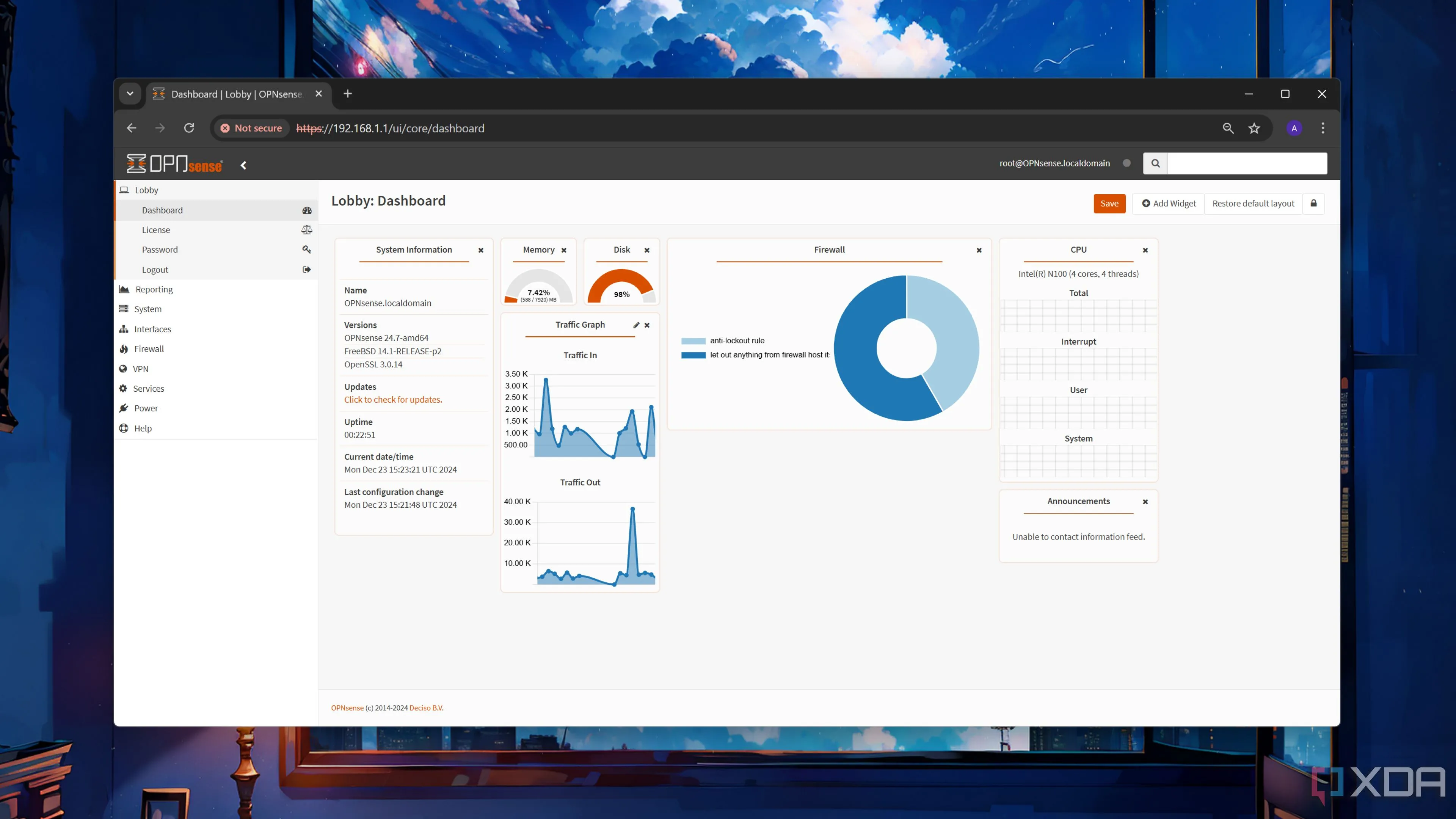 Giao diện Dashboard của OPNsense, thể hiện tổng quan hệ thống tường lửa