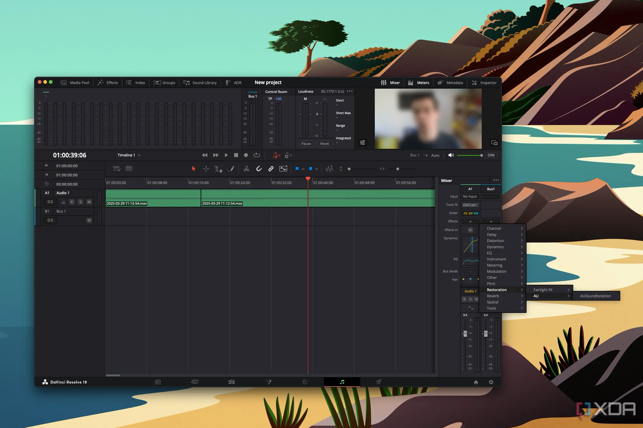 Giao diện DaVinci Resolve trên macOS với plugin AUSoundIsolation