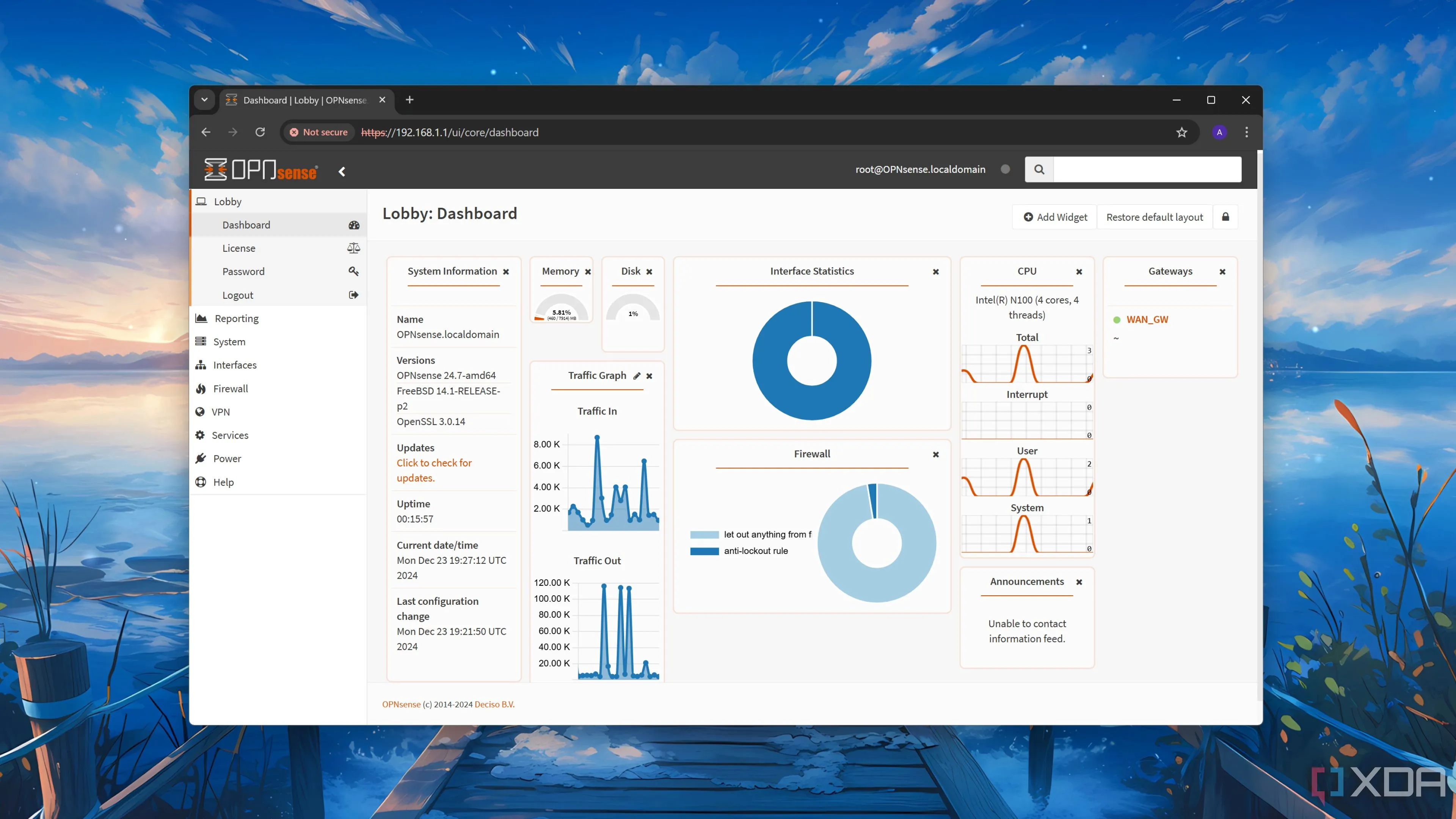 Giao diện điều khiển (Dashboard) của OPNsense, thể hiện sự tối ưu và thân thiện với người dùng trong quản lý tường lửa.