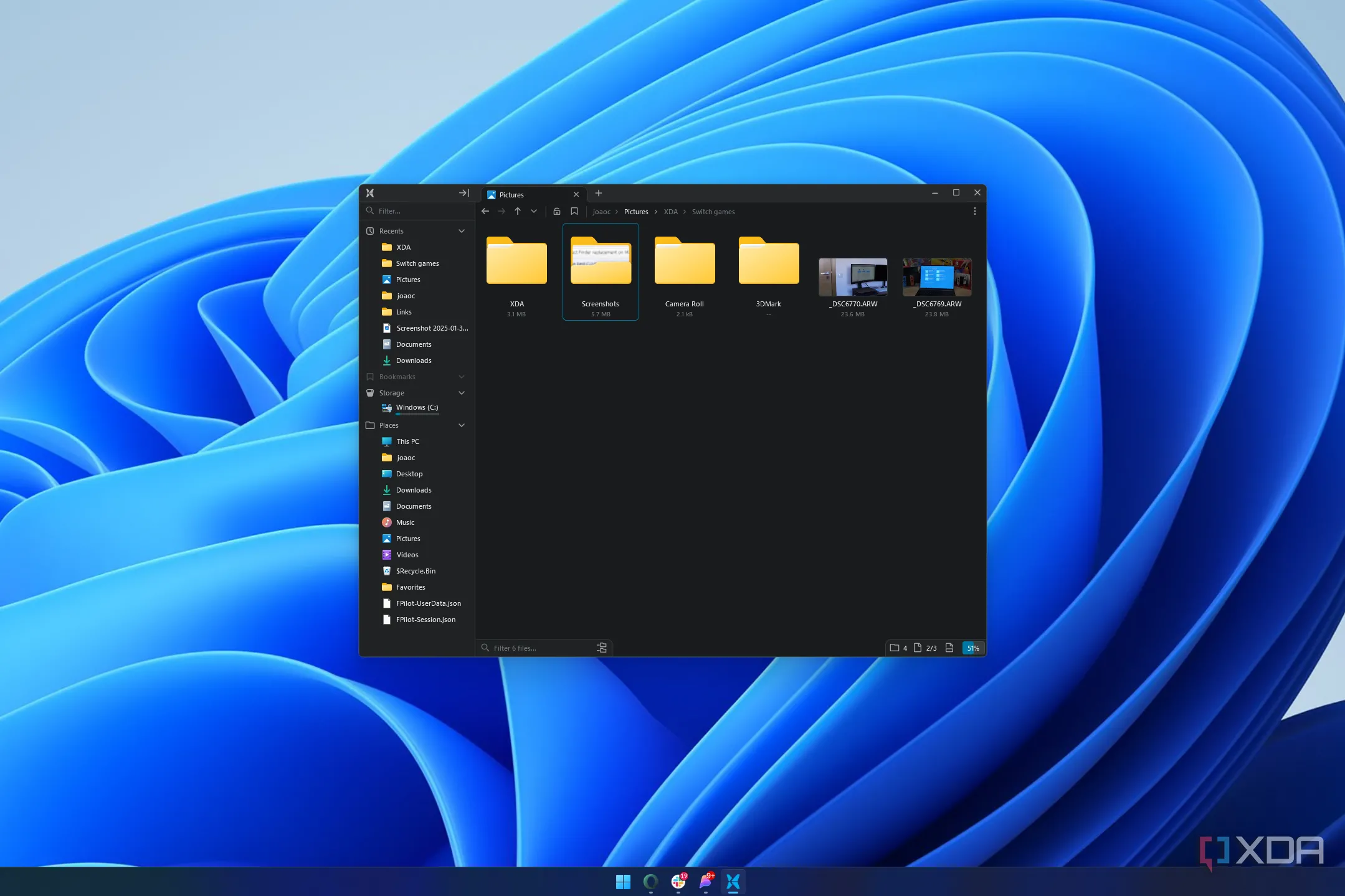 Giao diện File Pilot trên Windows 11, với tính năng danh sách thư mục gần đây được làm nổi bật.