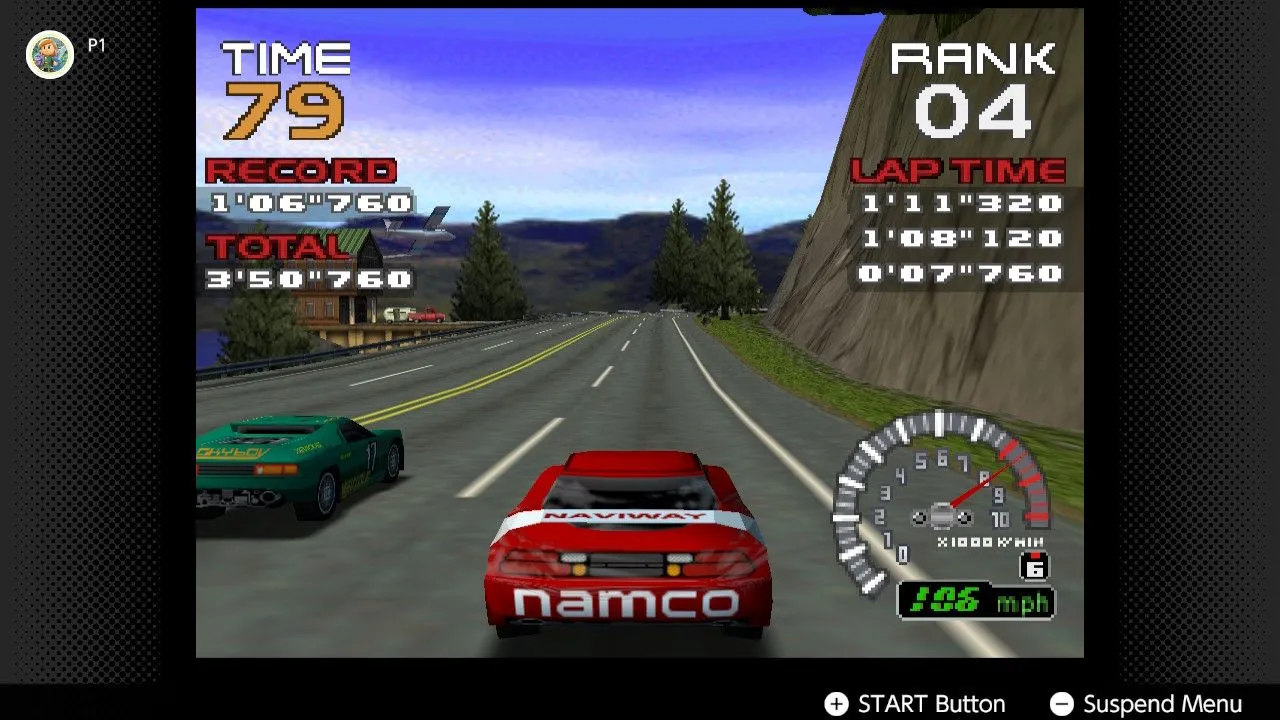 Giao diện game đua xe Ridge Racer 64 khi chơi trên Nintendo Switch, với đồ họa 3D đặc trưng của N64.
