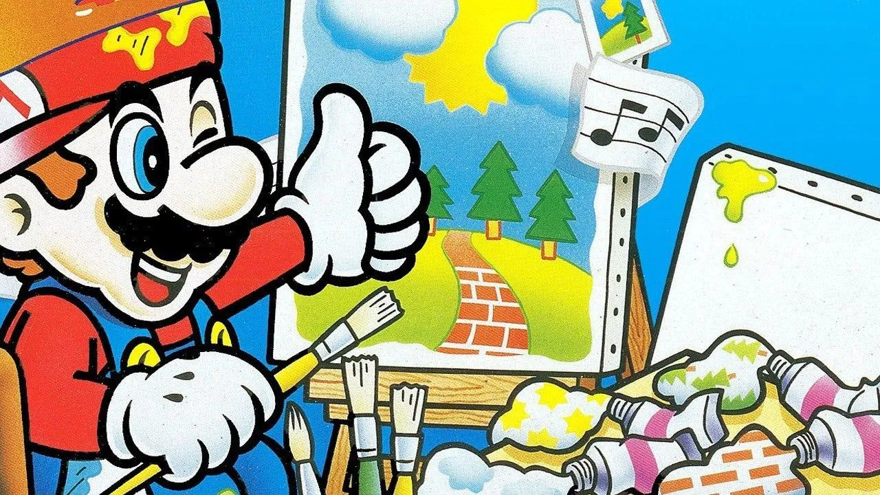 Giao diện game Mario Paint hiển thị bảng vẽ và các công cụ sáng tạo, minh họa tiềm năng sử dụng Joy-Con ở chế độ chuột.