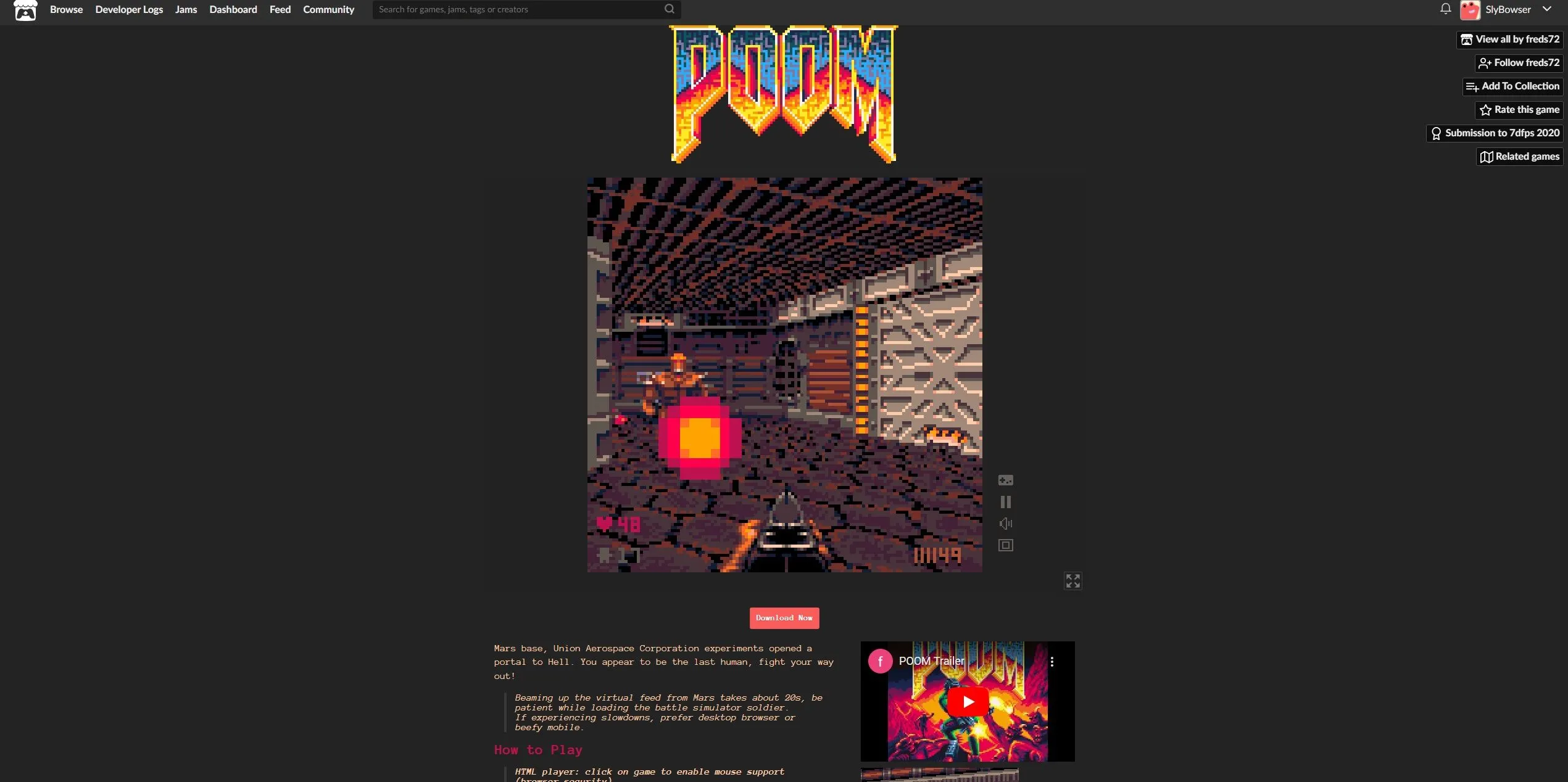 Giao diện game POOM, phiên bản DOOM trên PICO-8, hiển thị người chơi bắn quái vật trong môi trường đồ họa pixel cổ điển.