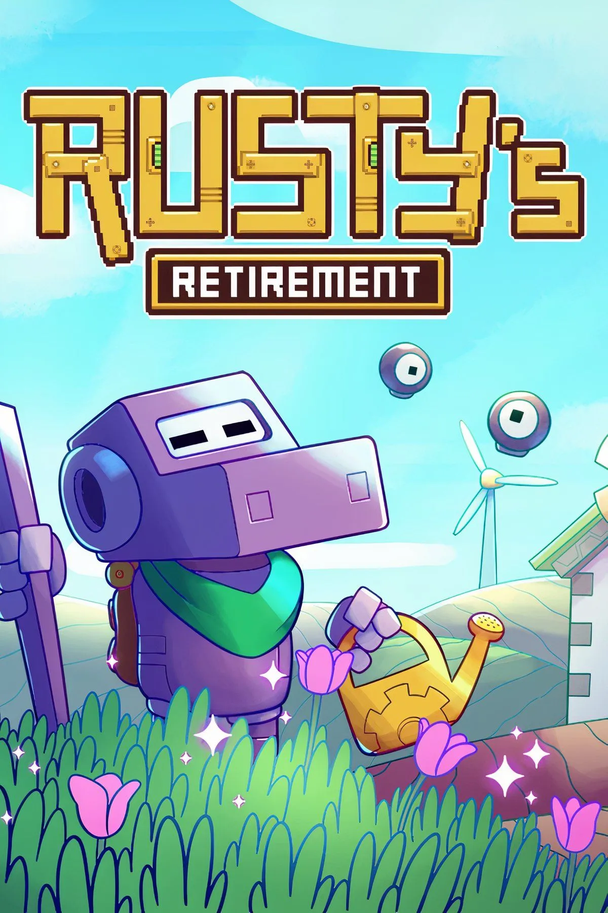 Giao diện game Rusty's Retirement với chú cáo Rusty đang điều hành nông trại tự động