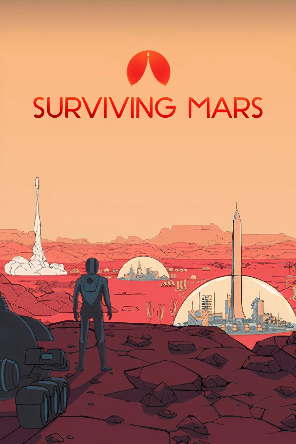 Giao diện game Surviving Mars với khu định cư hình mái vòm trên bề mặt hành tinh đỏ