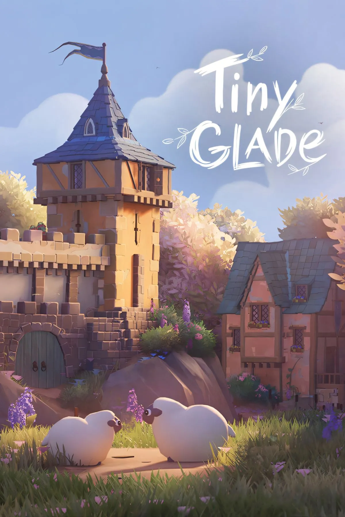 Giao diện game Tiny Glade với ngôi làng medieval ấm cúng giữa đồng cỏ xanh