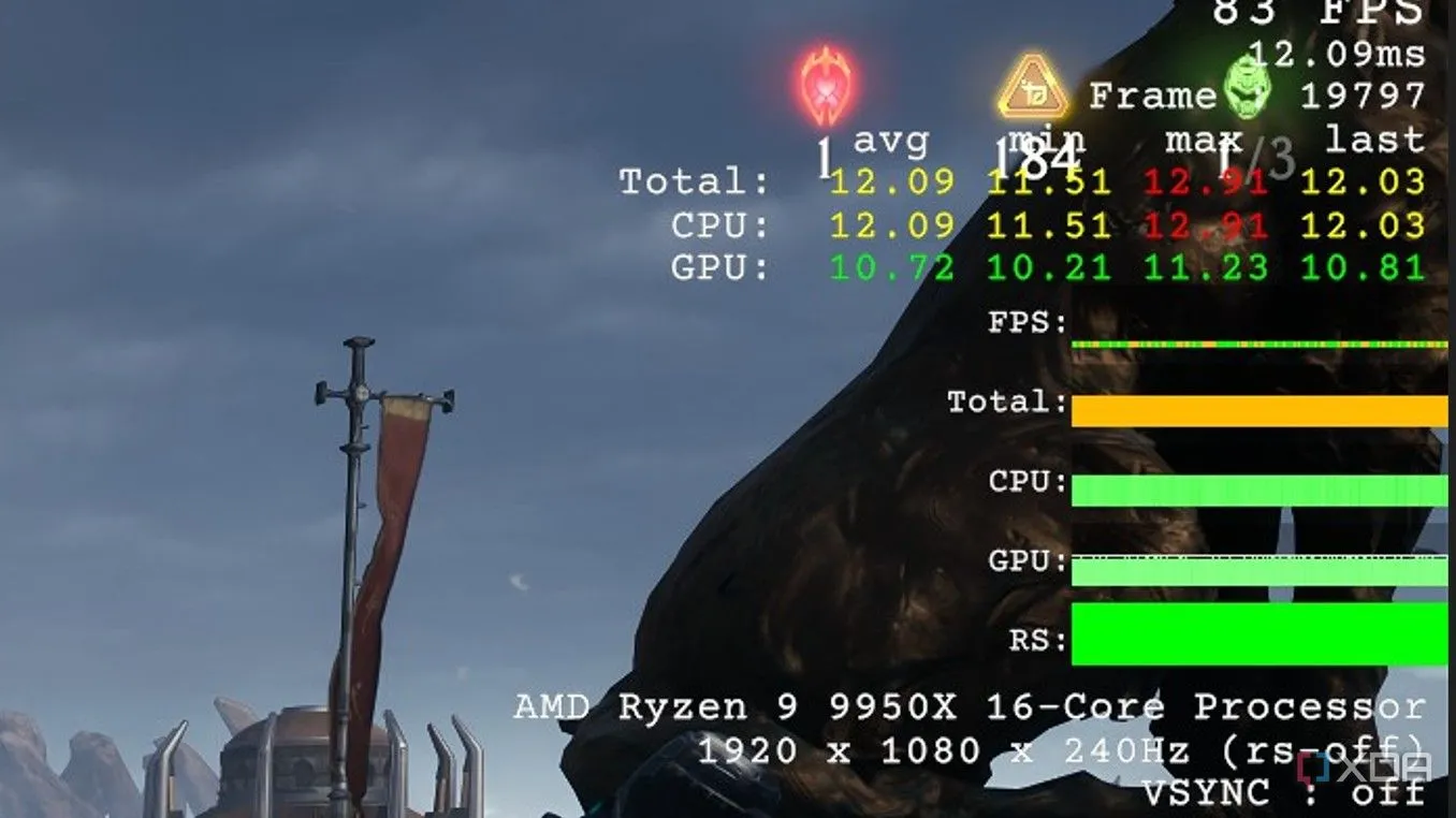 Giao diện hiển thị hiệu suất trong Doom The Dark Ages trên hệ thống RTX 4060, cho thấy dấu hiệu CPU bottleneck với thời gian khung hình CPU cao hơn GPU.