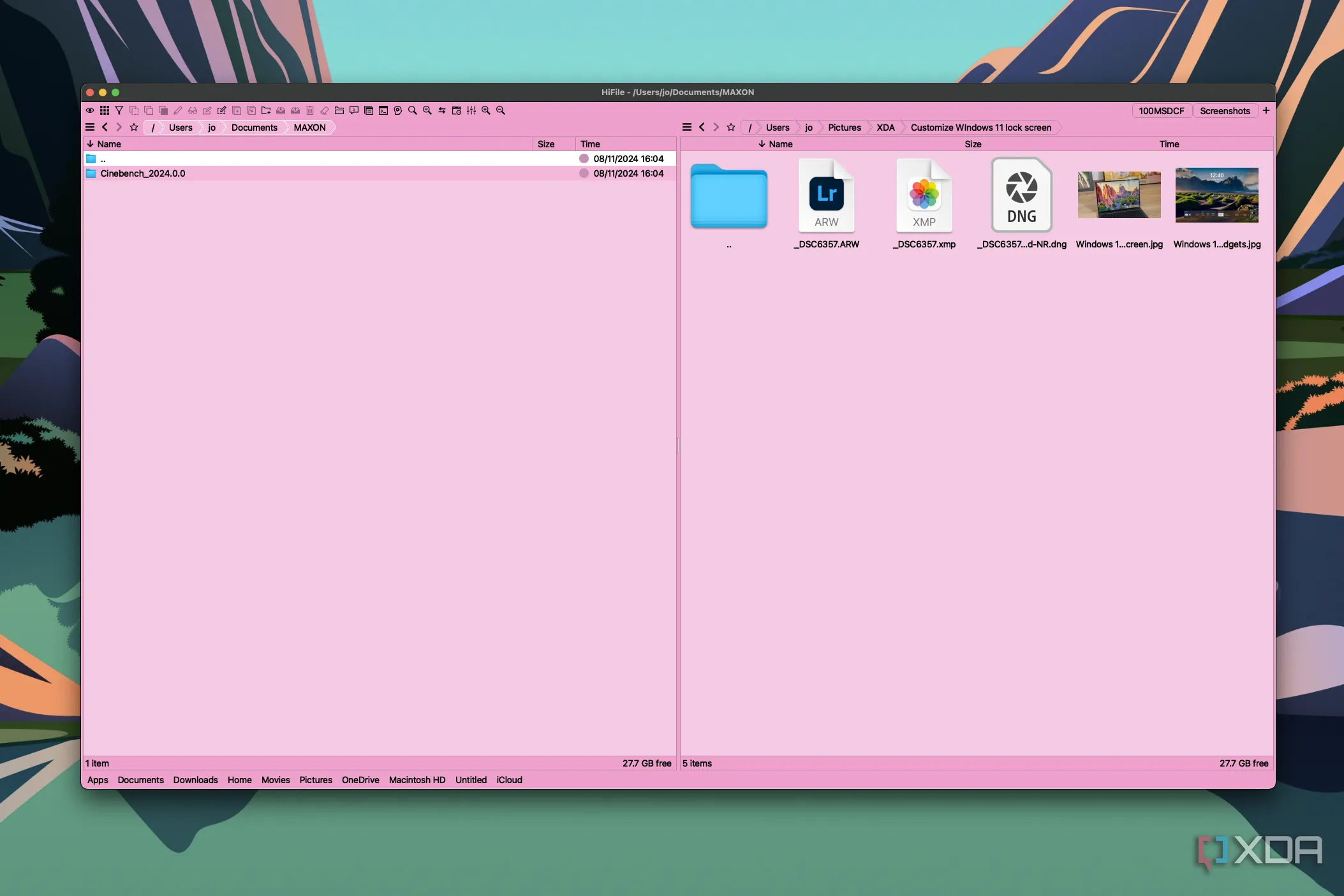 Giao diện HiFile trên macOS với chế độ chia đôi màn hình và theme màu hồng