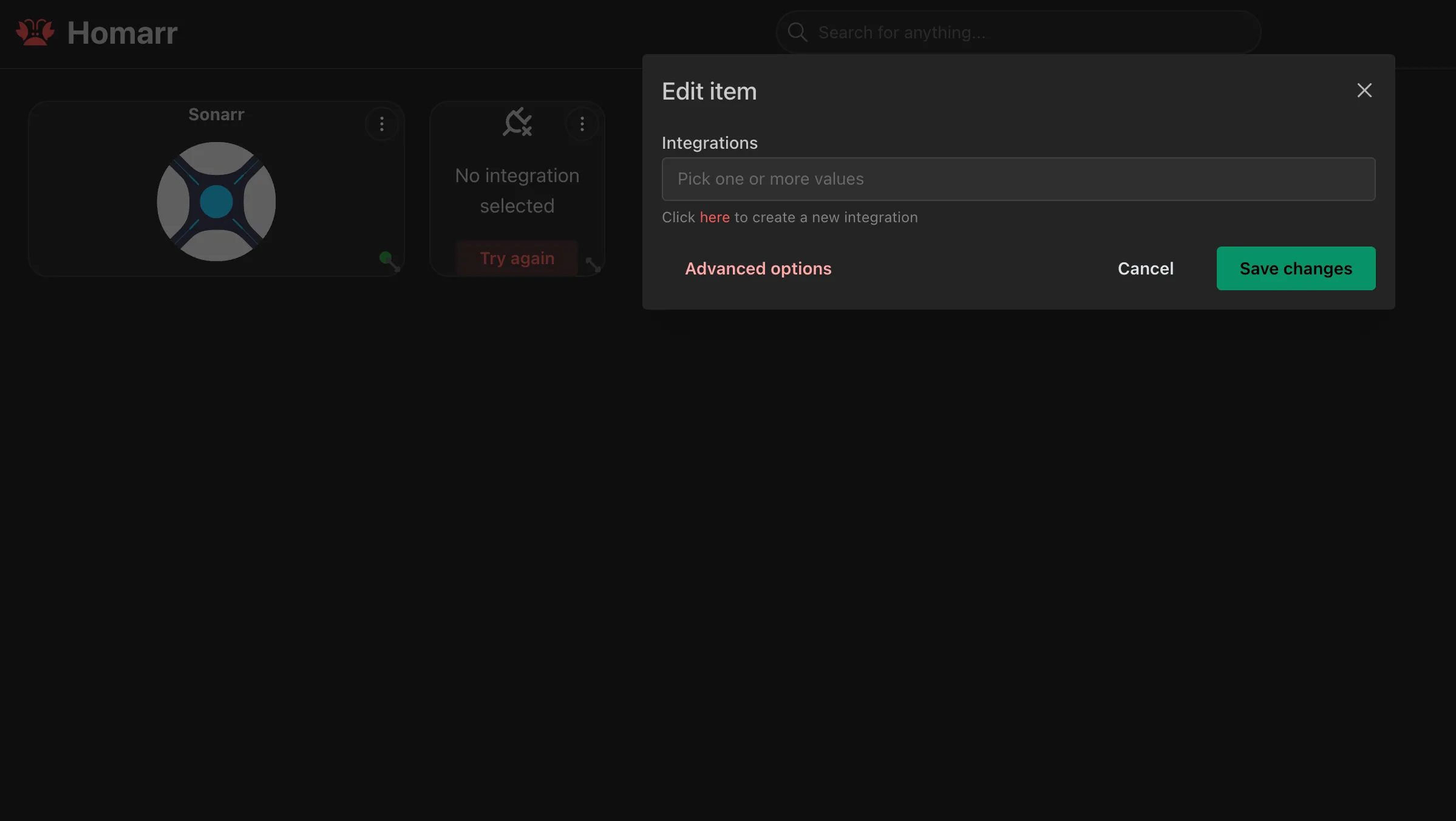 Giao diện Homarr hiển thị các tích hợp với Plex, Sonarr, Radarr, qBittorrent, Home Assistant