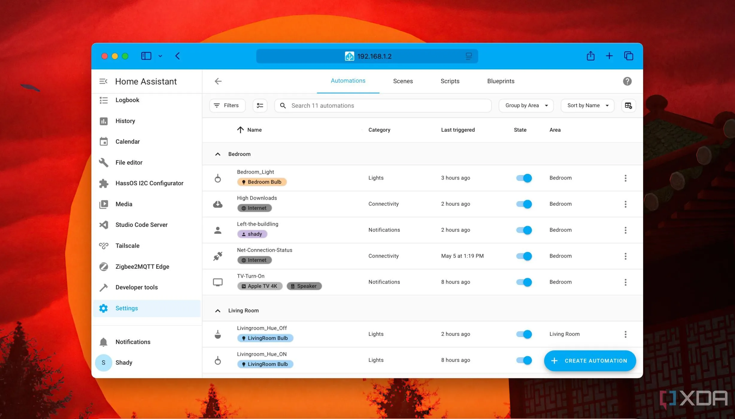 Giao diện Home Assistant hiển thị cách sắp xếp tự động hóa theo khu vực