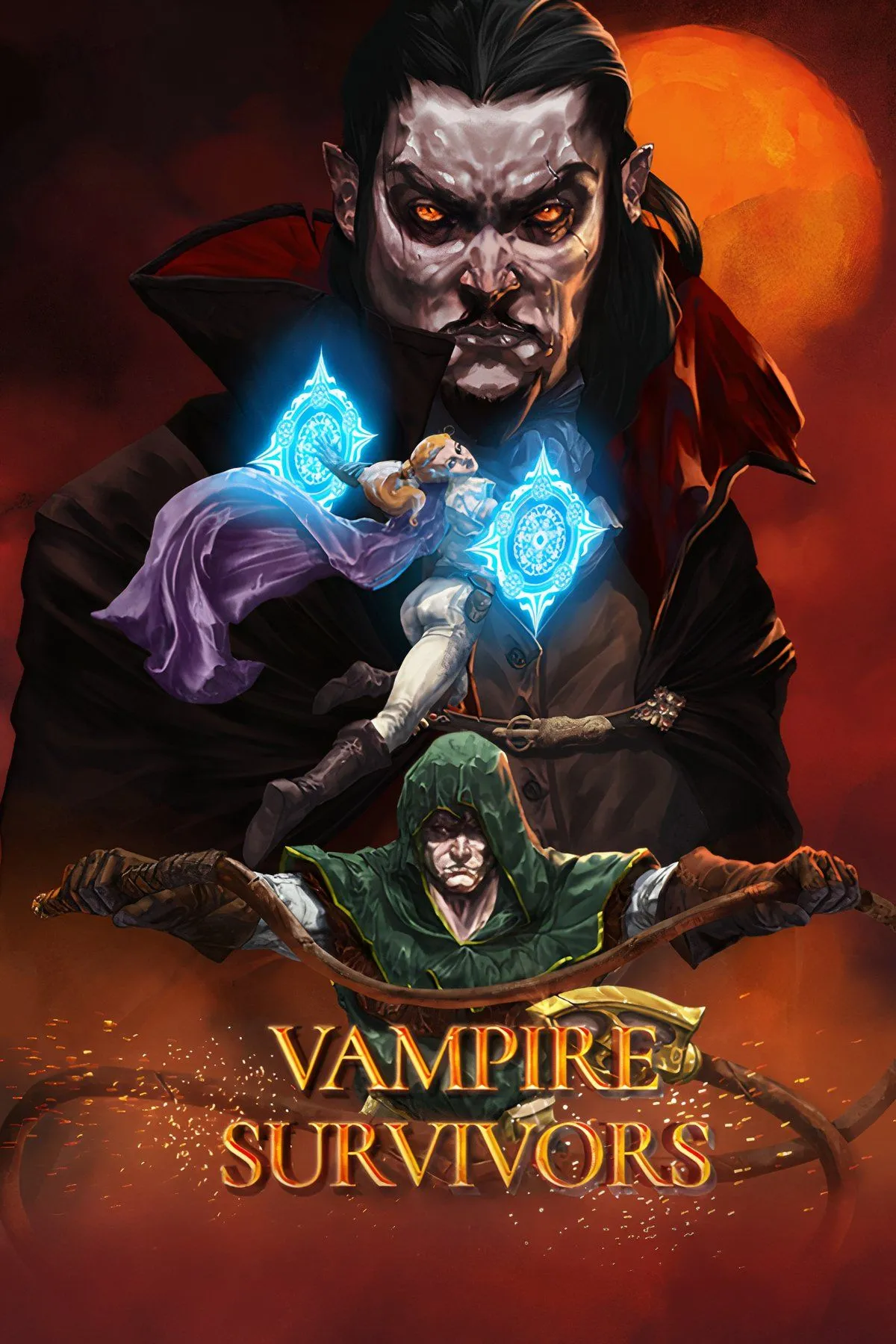 Giao diện hỗn loạn và đầy hành động của game Vampire Survivors với hàng ngàn kẻ thù và vô số đạn bay.