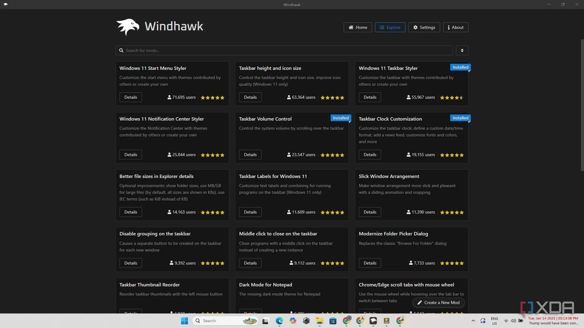 Giao diện khám phá (Explore) các mod của Windhawk với các lựa chọn tùy chỉnh