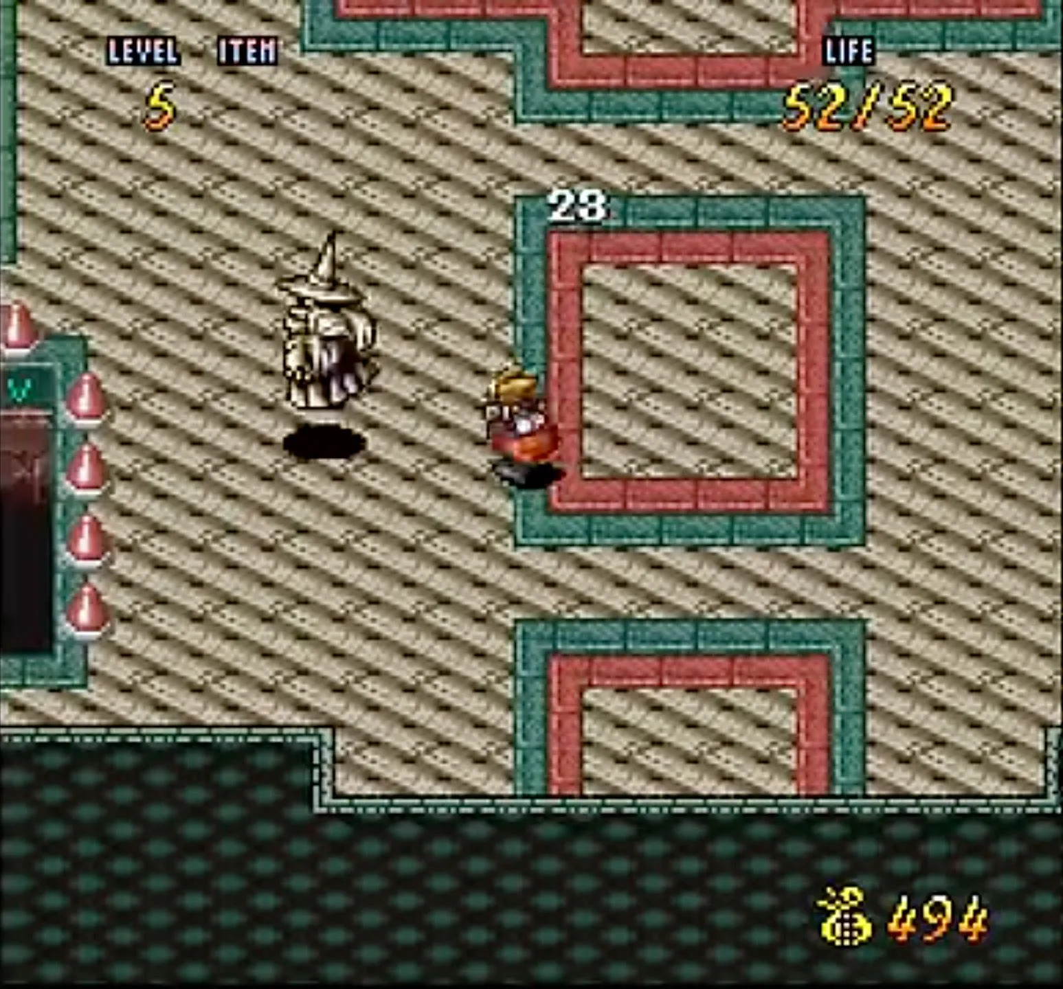 Giao diện khám phá thế giới rộng lớn trong game nhập vai hành động Terranigma trên SNES