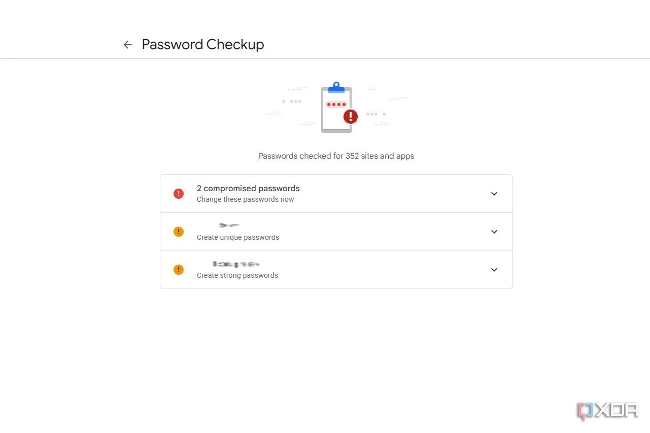 Giao diện kiểm tra mật khẩu của Google Password Manager trên máy tính, hiển thị các mật khẩu bị lộ và yếu